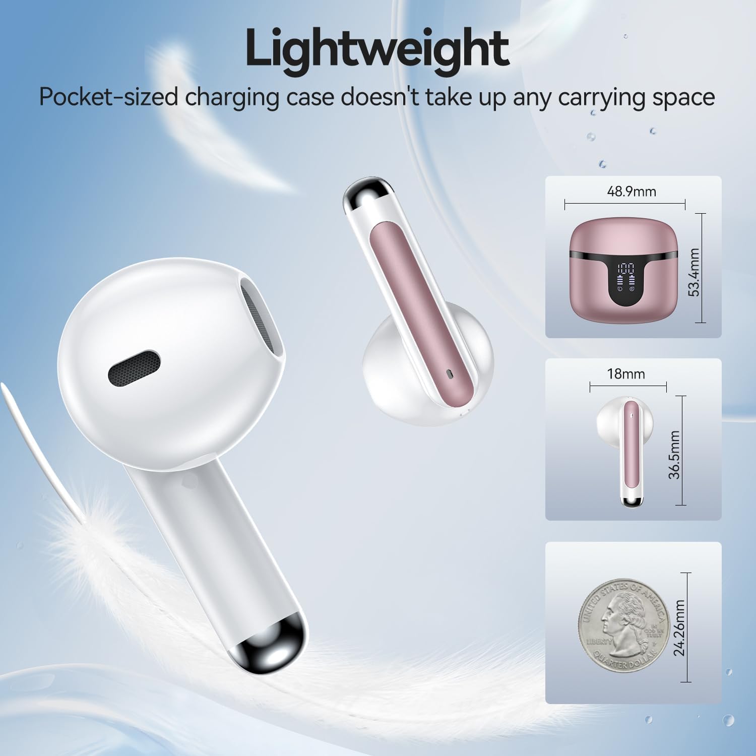 wireless earbuds, 2025 bluetooth 5.3 headphones hifi stereo 50h playback ear buds with led digital display, enc noise cancelling earbuds for laptop computer, ios, android, rose gold