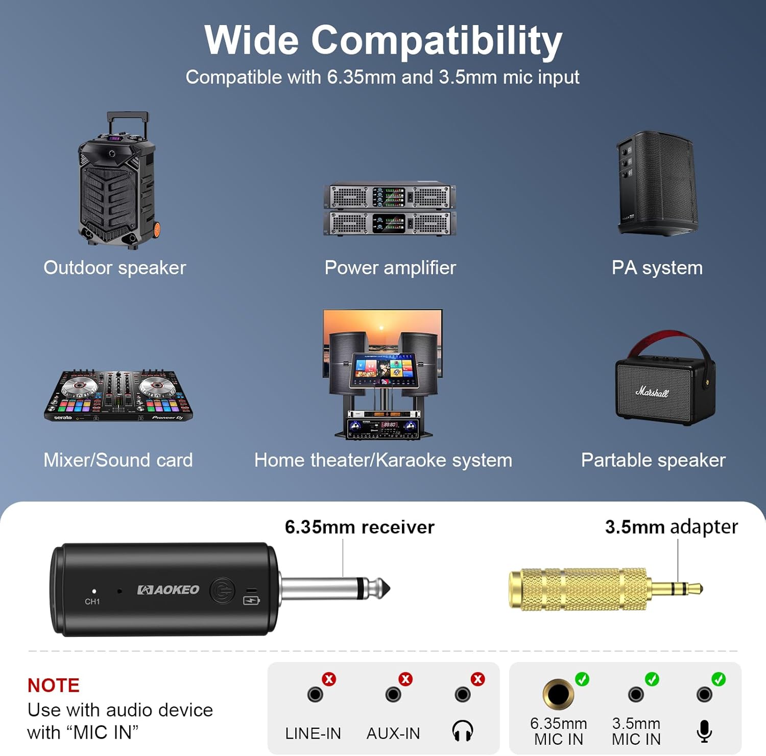 aokeo wireless microphone with rechargeable receiver,uhf dynamic handheld karaoke mic,100ft range, for amplifier speaker, mixer,singing, party,speech