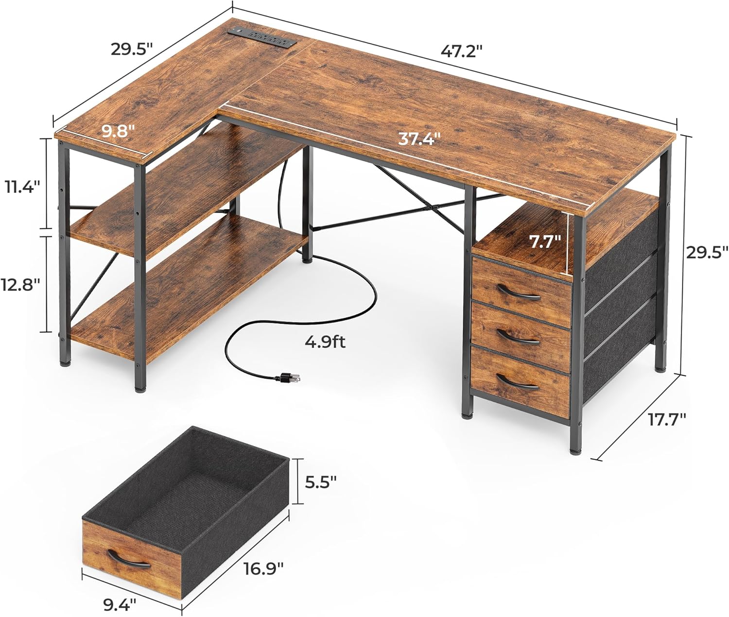 huuger l shaped office desk with power outlets, 47 inch computer desk with 3 drawers, shelves, for gaming, corner work, home office, study, rustic brown