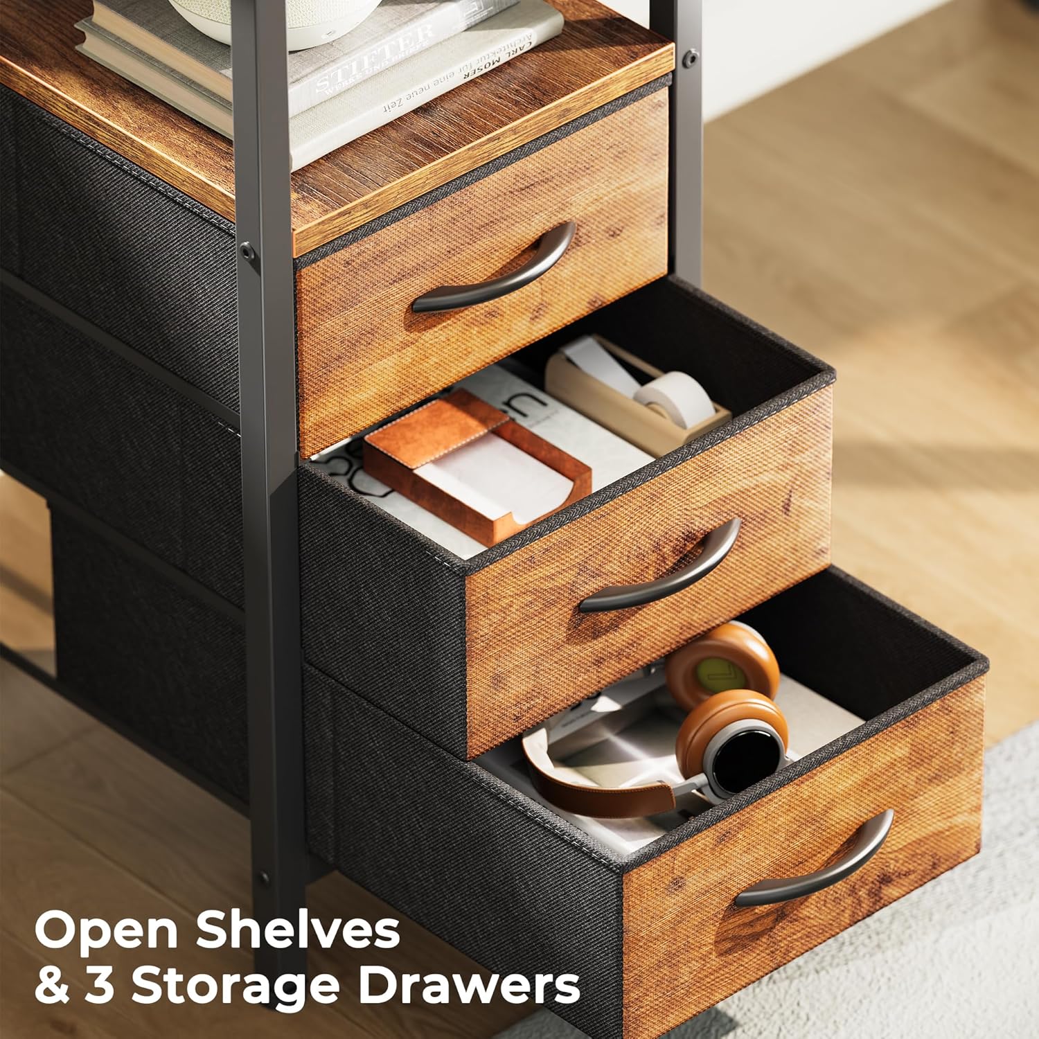 huuger l shaped office desk with power outlets, 47 inch computer desk with 3 drawers, shelves, for gaming, corner work, home office, study, rustic brown