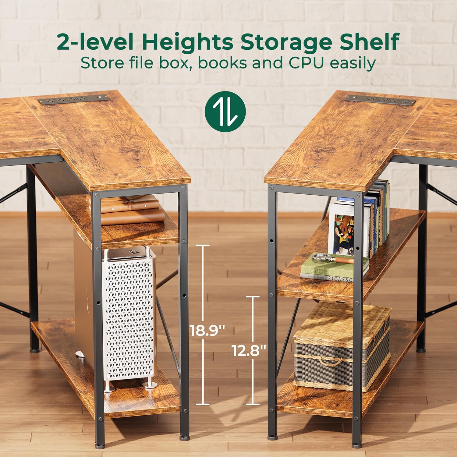 huuger l shaped office desk with power outlets, 47 inch computer desk with 3 drawers, shelves, for gaming, corner work, home office, study, rustic brown