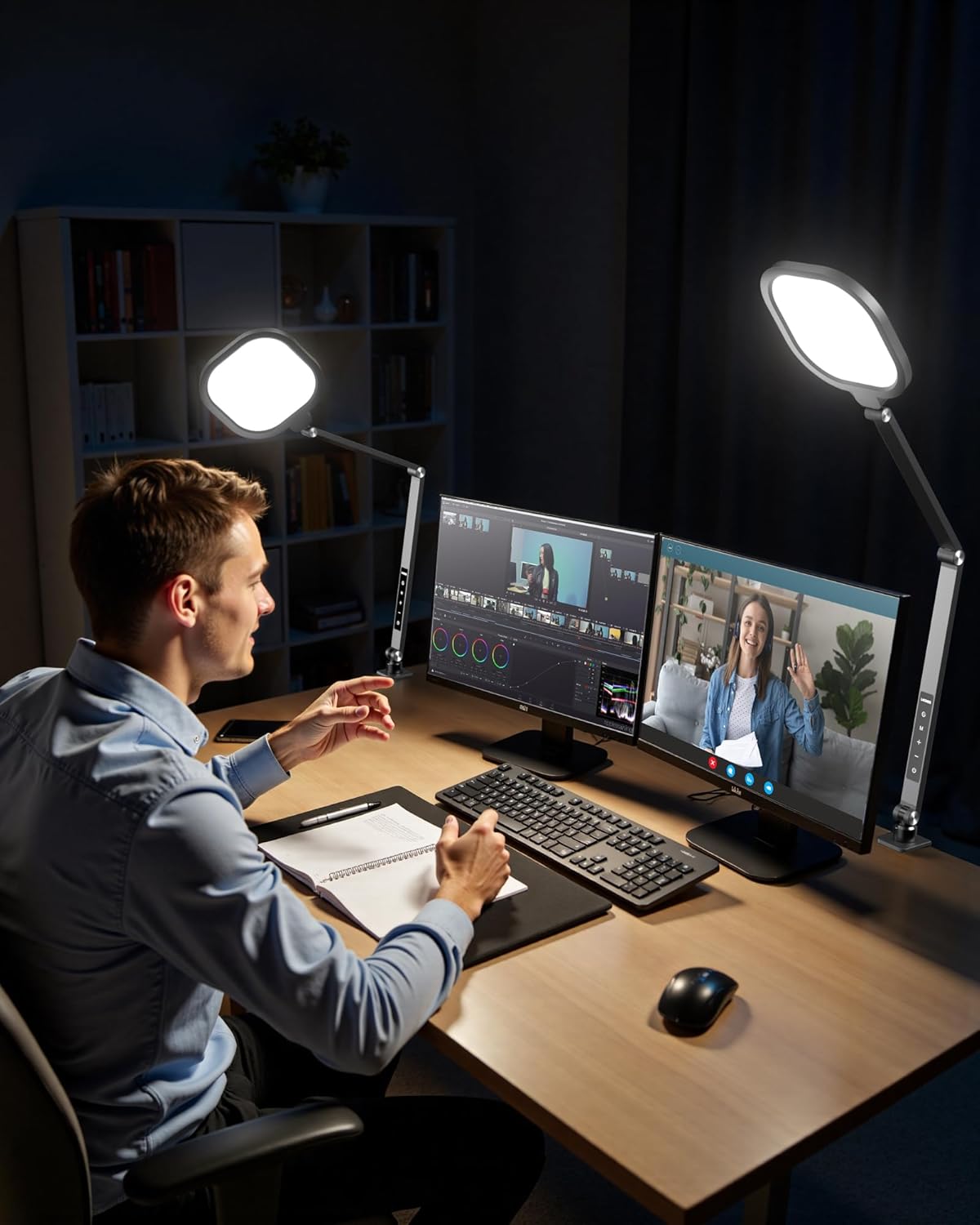 led desk lamps for home office, eye care architect light with clamp, dimmable zoom lighting with 3 color modes & 10 brightness, smart computer ring light for video calls, conference, reading