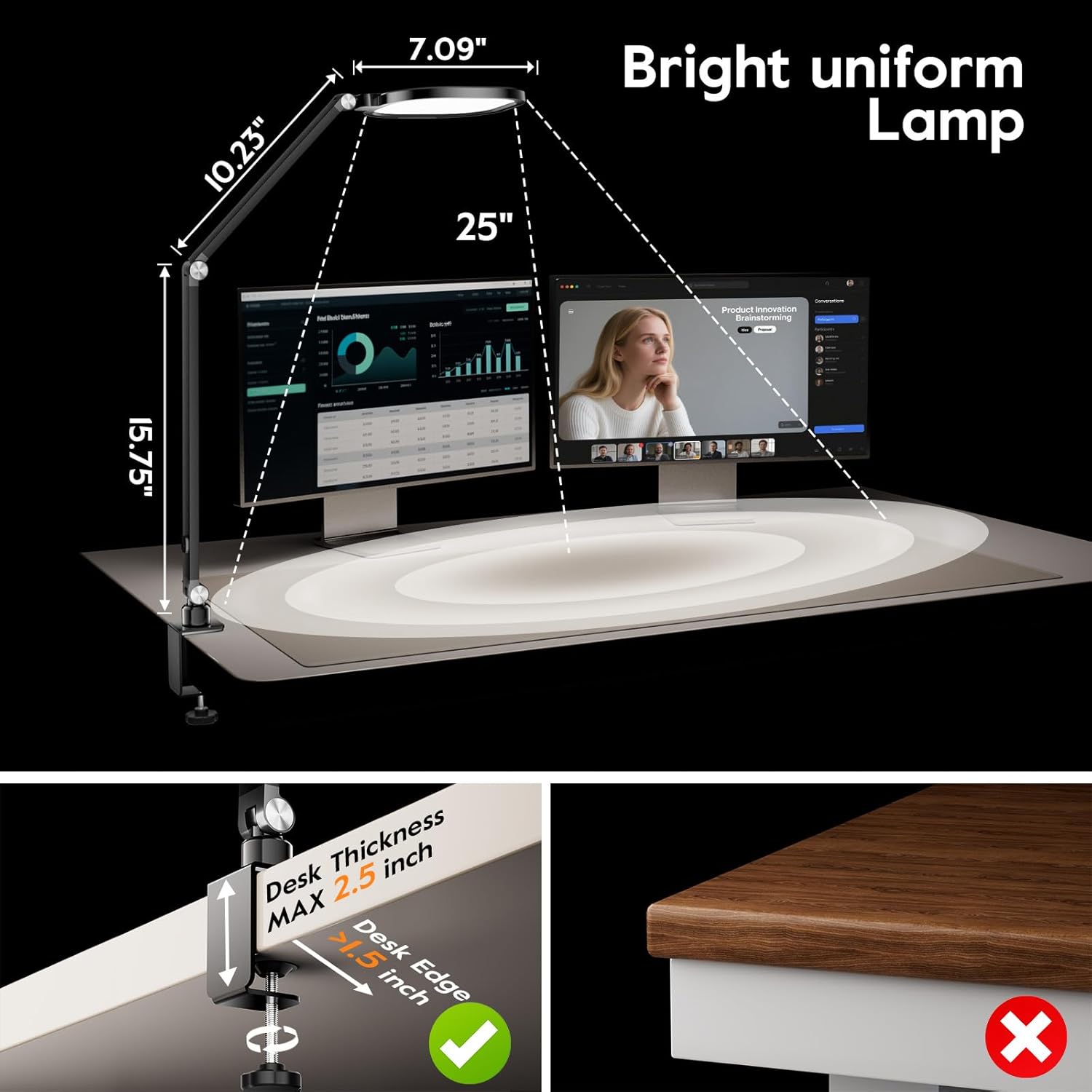 led desk lamps for home office, eye care architect light with clamp, dimmable zoom lighting with 3 color modes & 10 brightness, smart computer ring light for video calls, conference, reading