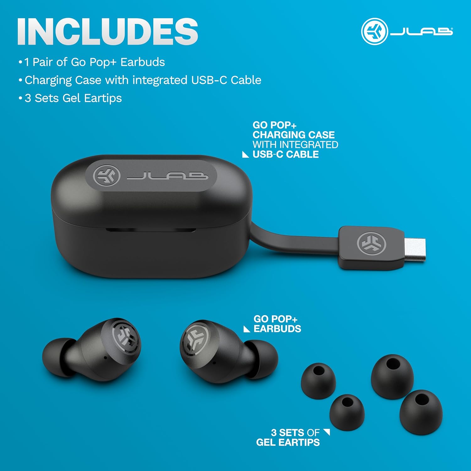 jlab go air pop+ true wireless earbuds, in ear headphones, bluetooth earphones, 35h playtime ear buds, bluetooth earbuds with microphone, usb c charging case, dual connect, eq3 sound, black