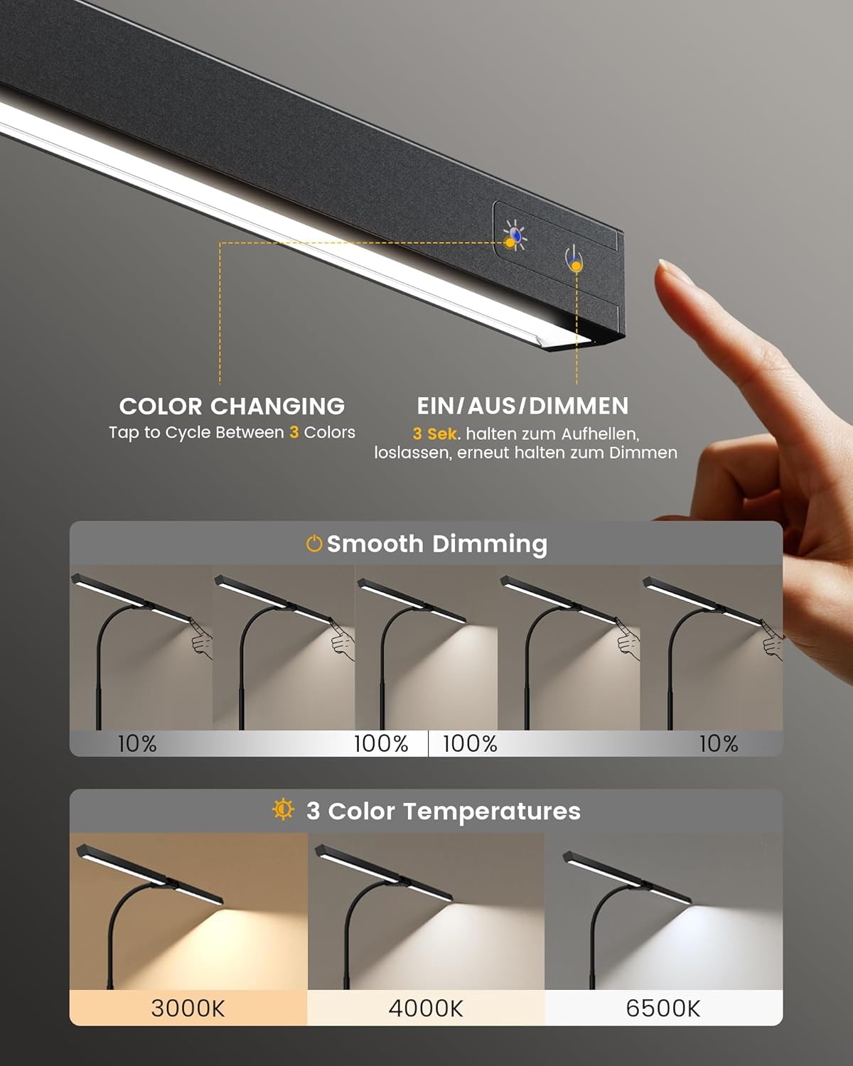 eye caring desk lamp with clamp, led desk light bar for dual monitors, adjustable gooseneck table lamp with 3 color modes, smooth dimming office desk lamp for home office, study, computer work