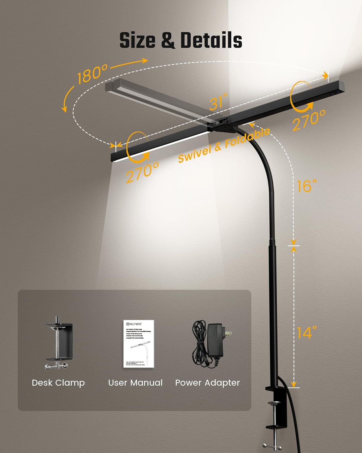 eye caring desk lamp with clamp, led desk light bar for dual monitors, adjustable gooseneck table lamp with 3 color modes, smooth dimming office desk lamp for home office, study, computer work