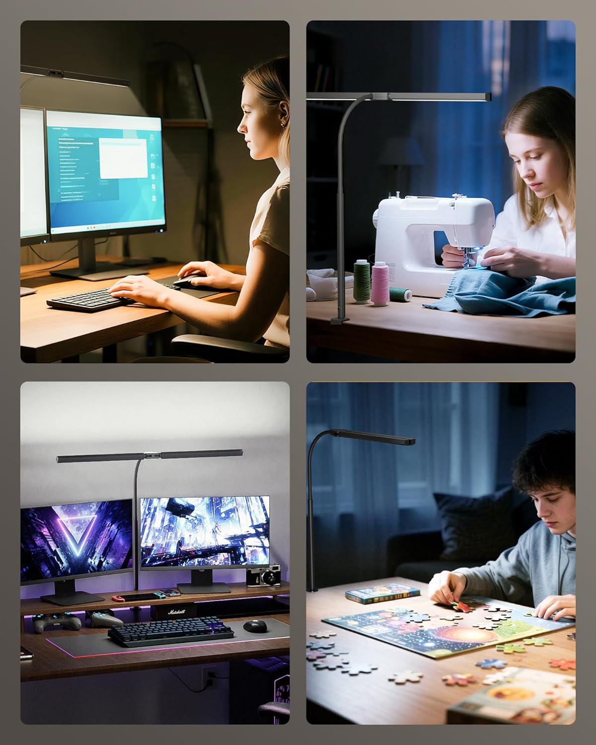 eye caring desk lamp with clamp, led desk light bar for dual monitors, adjustable gooseneck table lamp with 3 color modes, smooth dimming office desk lamp for home office, study, computer work