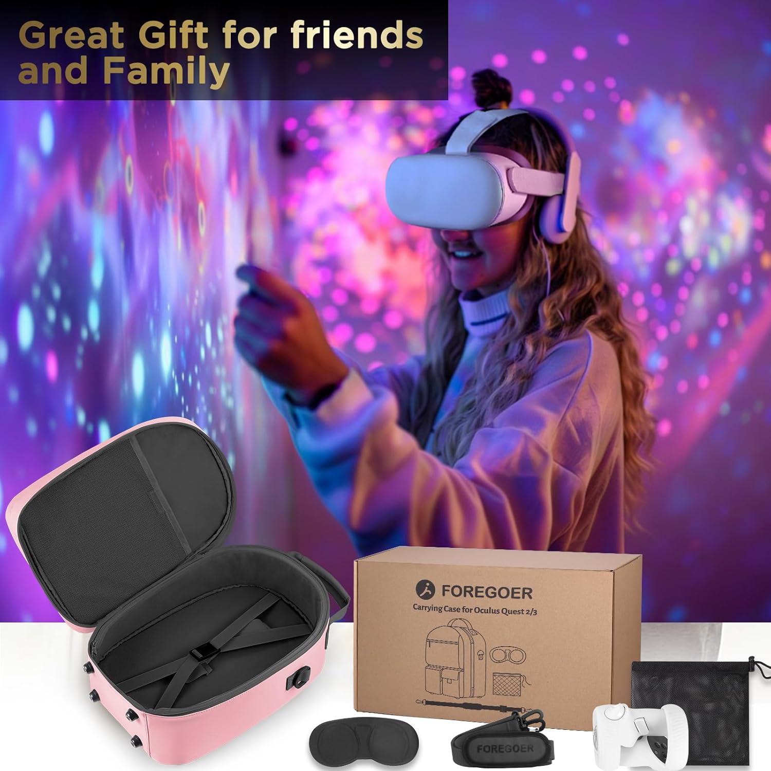 foregoer carrying case for meta quest 3/oculus quest 2, hard travel storage case compatible with meta oculus quest 2 headset, quest pro and accessories, vr all in one gaming headset (pink)