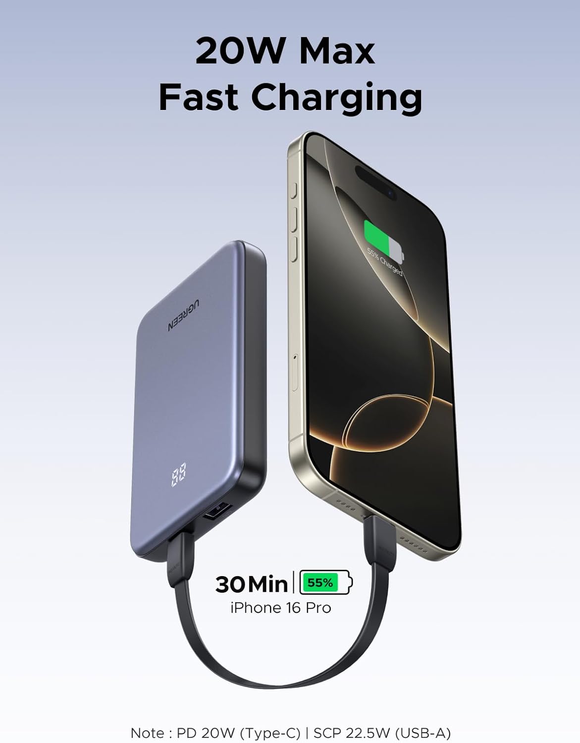 ugreen power bank 10,000mah 22.5w, compact portable charger usb c pd3.0 travel fast charging battery pack with digital display for iphone 17/16/15/14/13/12 pro max, galaxy s25/s24 ultra