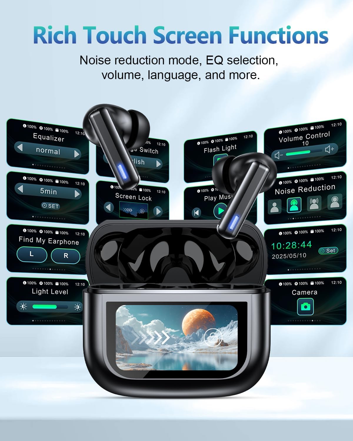 wireless earbuds bluetooth headphones, ear buds with touch screen, anc enc noise cancelling transparency mode, 40h stereo deep bass, ipx7 waterproof, clear calls, 5 eq for ios android (black)