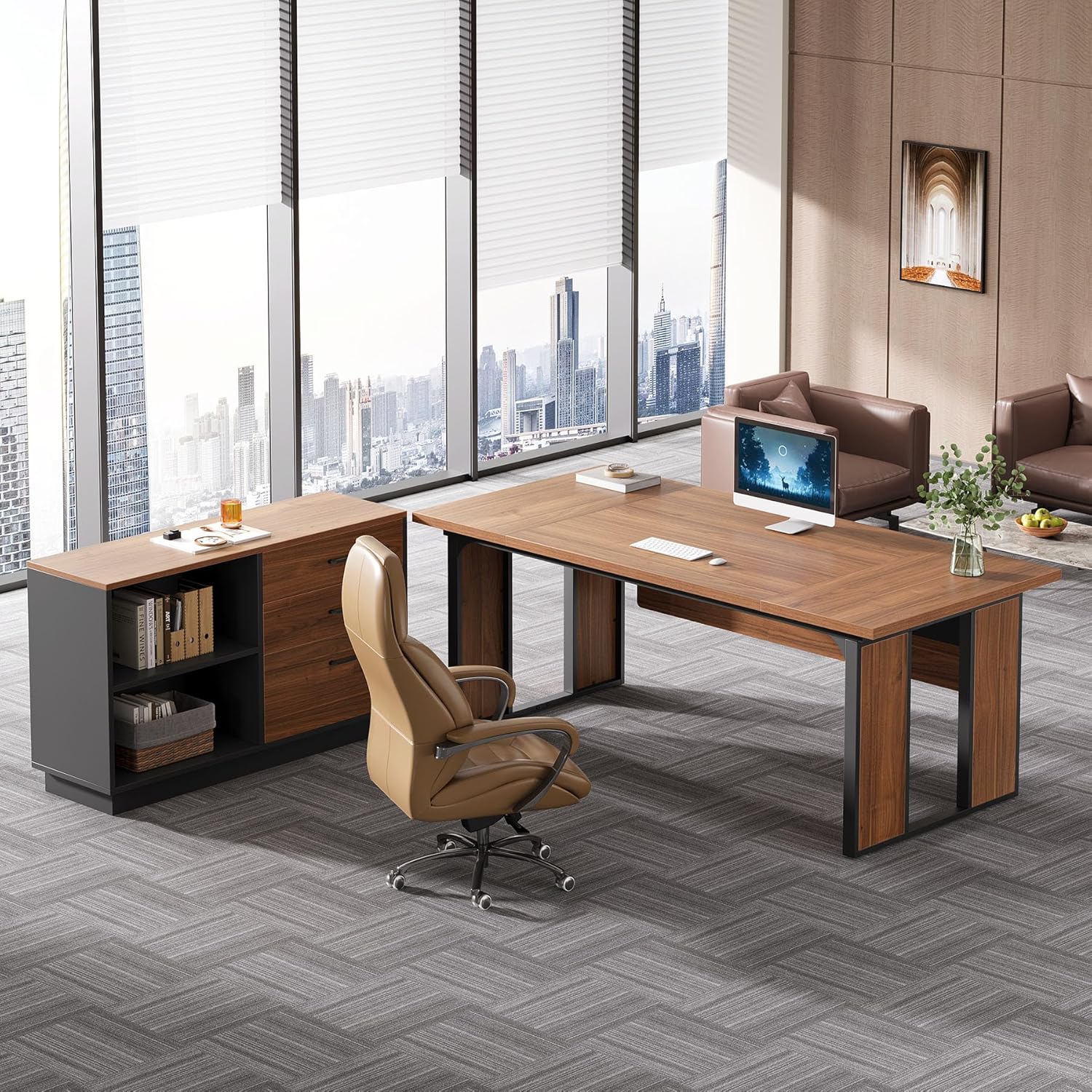 tribesigns 63‘’ l shaped executive desk, office table with 39.37 inch drawers cabinet, large computer desk with storage shelves, business furniture set for home office, brown & black