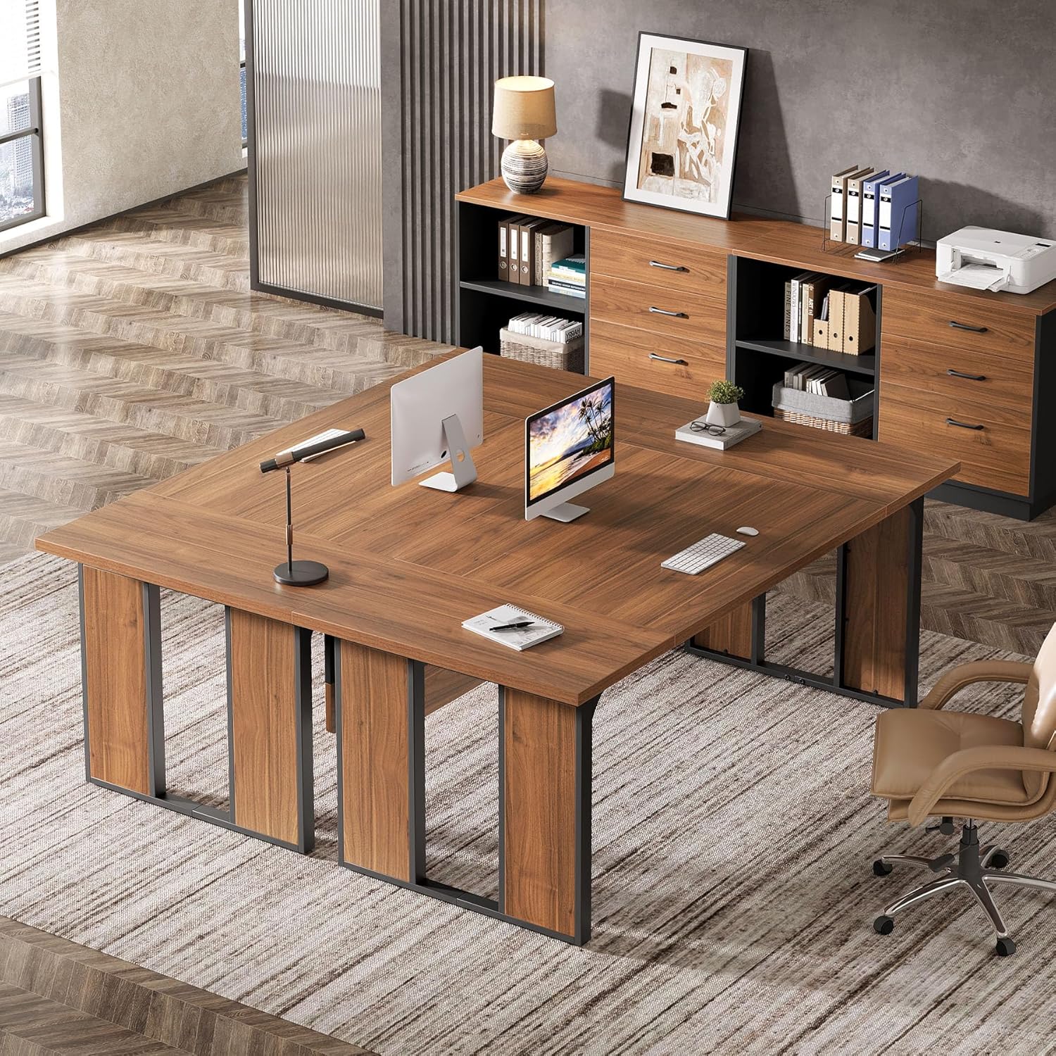 tribesigns 63‘’ l shaped executive desk, office table with 39.37 inch drawers cabinet, large computer desk with storage shelves, business furniture set for home office, brown & black