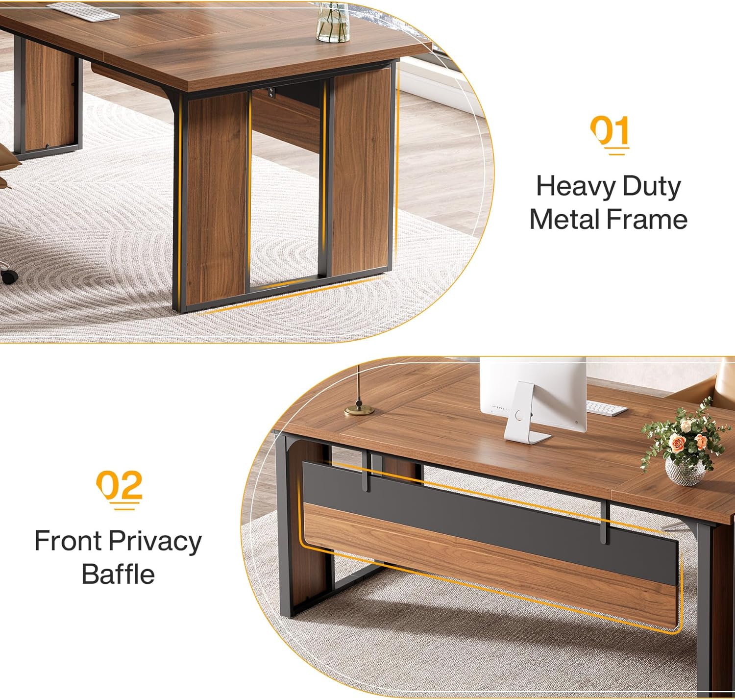 tribesigns 63‘’ l shaped executive desk, office table with 39.37 inch drawers cabinet, large computer desk with storage shelves, business furniture set for home office, brown & black