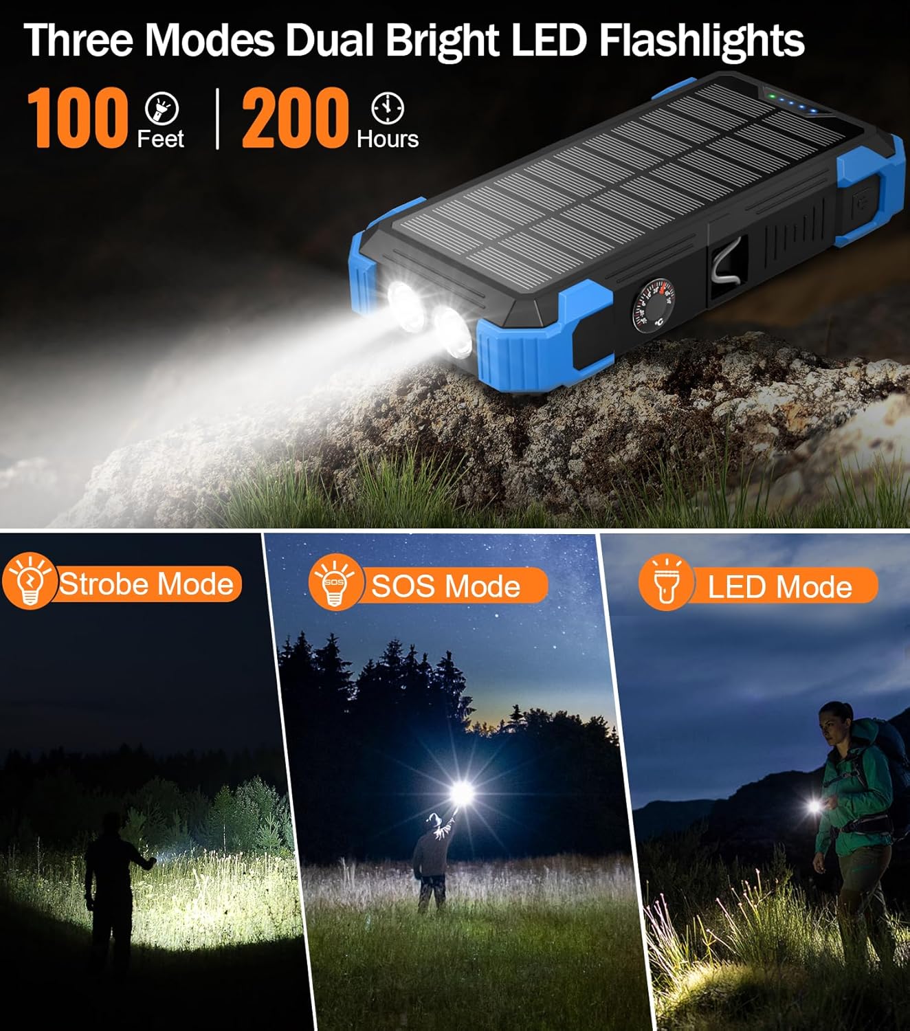 goodaaa portable charger 42800mah built in 4 cables and thermometer 15w fast charging power bank five outputs three inputs solar charger power bank, sos/strobe/strong flashlights, carabiner