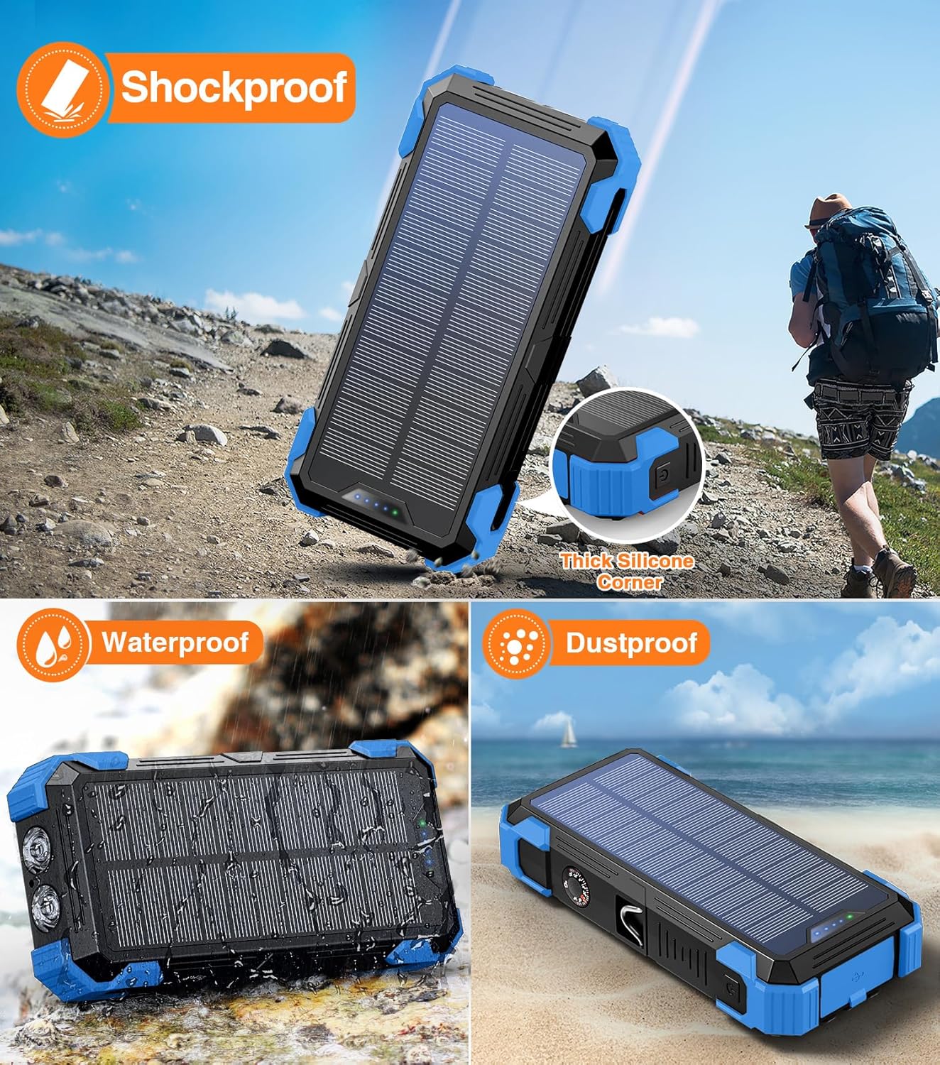 goodaaa portable charger 42800mah built in 4 cables and thermometer 15w fast charging power bank five outputs three inputs solar charger power bank, sos/strobe/strong flashlights, carabiner