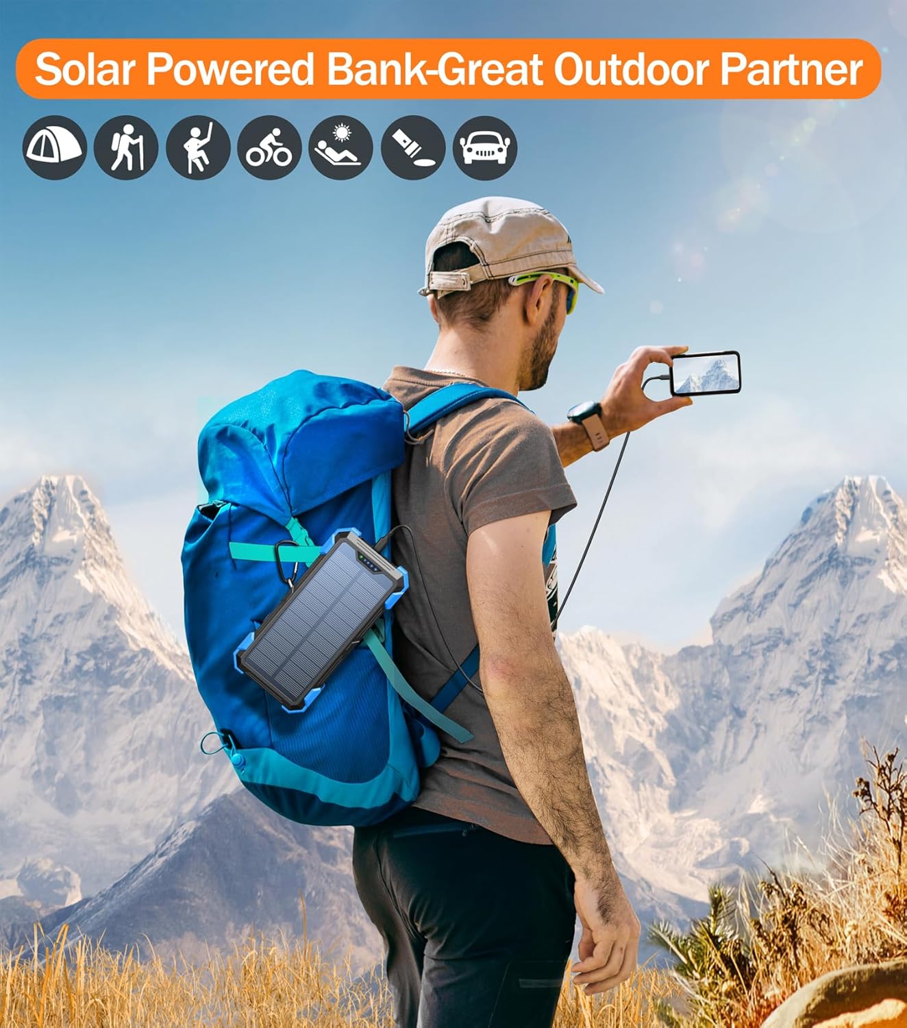 goodaaa portable charger 42800mah built in 4 cables and thermometer 15w fast charging power bank five outputs three inputs solar charger power bank, sos/strobe/strong flashlights, carabiner