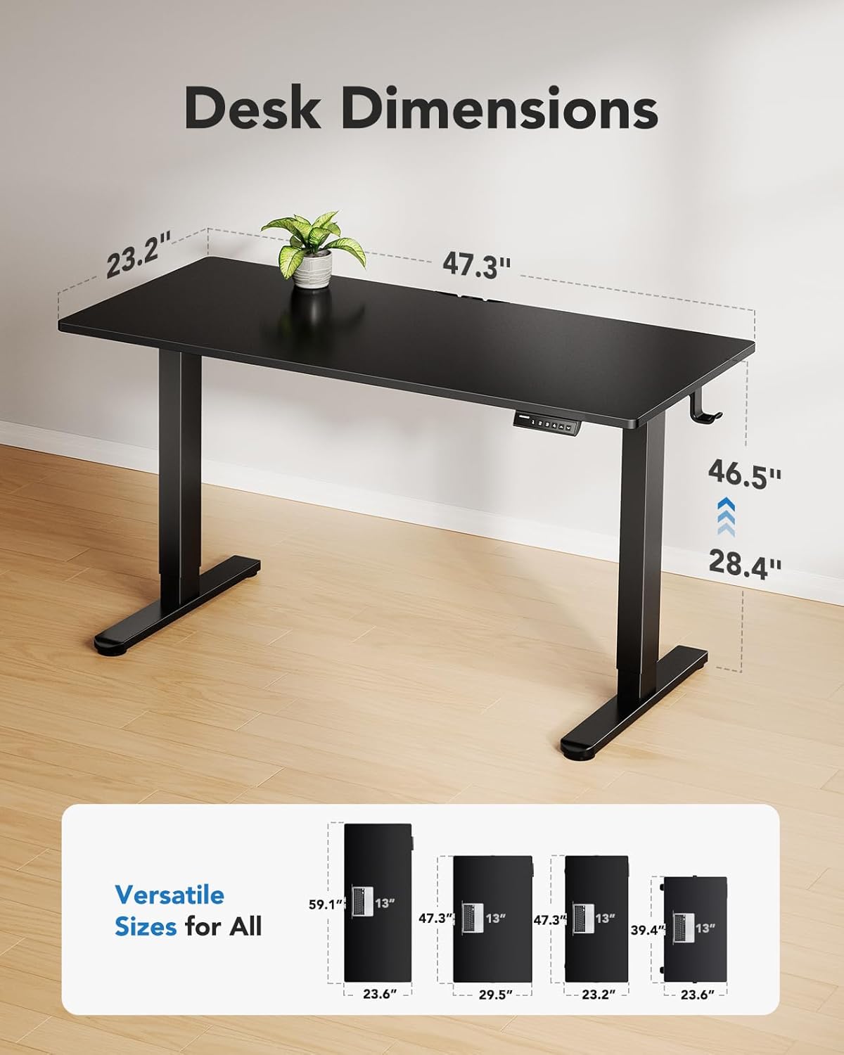 huanuo electric standing desk, 48" x 24" whole piece desktop, adjustable height computer desks, 4 height memory settings, sit stand up desk for home office, black