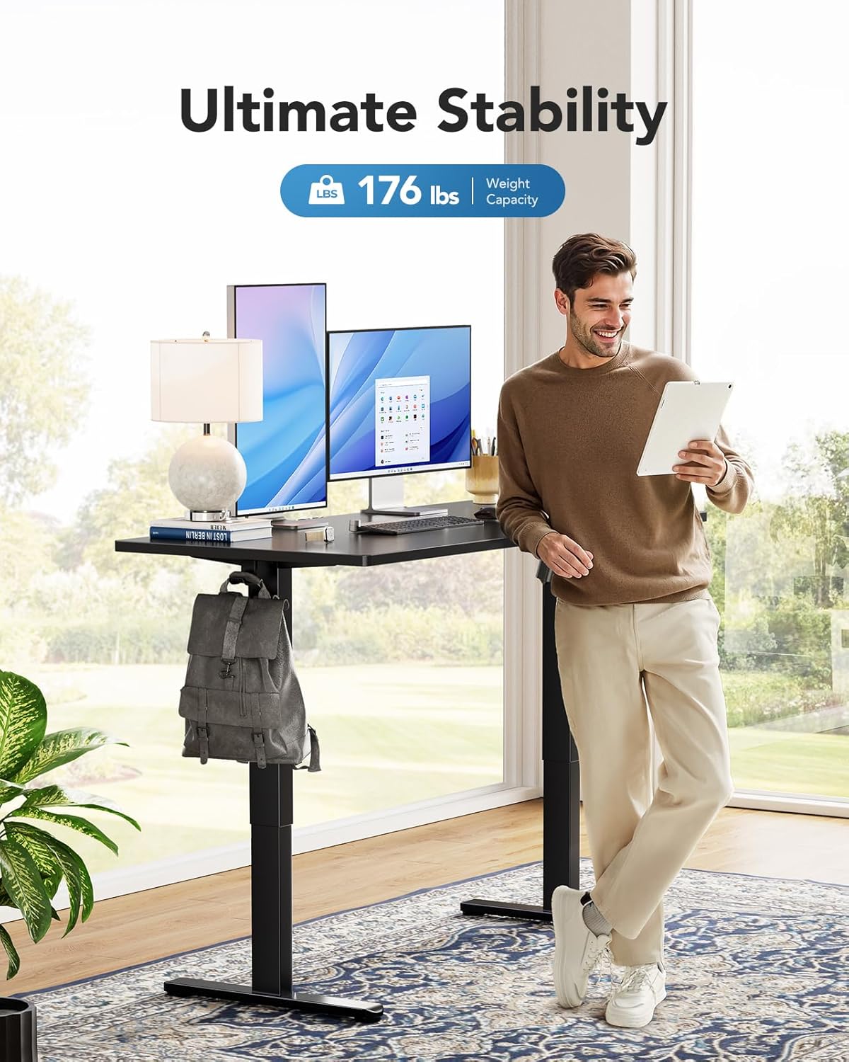 huanuo electric standing desk, 48" x 24" whole piece desktop, adjustable height computer desks, 4 height memory settings, sit stand up desk for home office, black