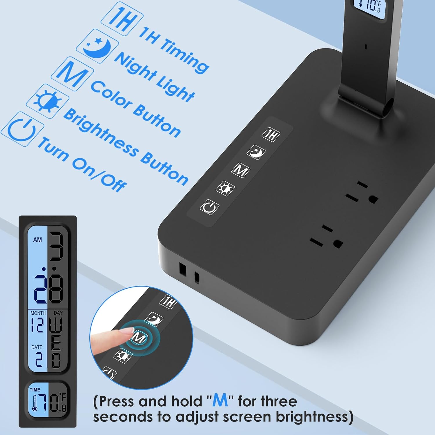 infiway desk lamp with usb charging port: led eye caring smart table light for home office 1 type c, 1 usb a charging port, 2 ac power outlets