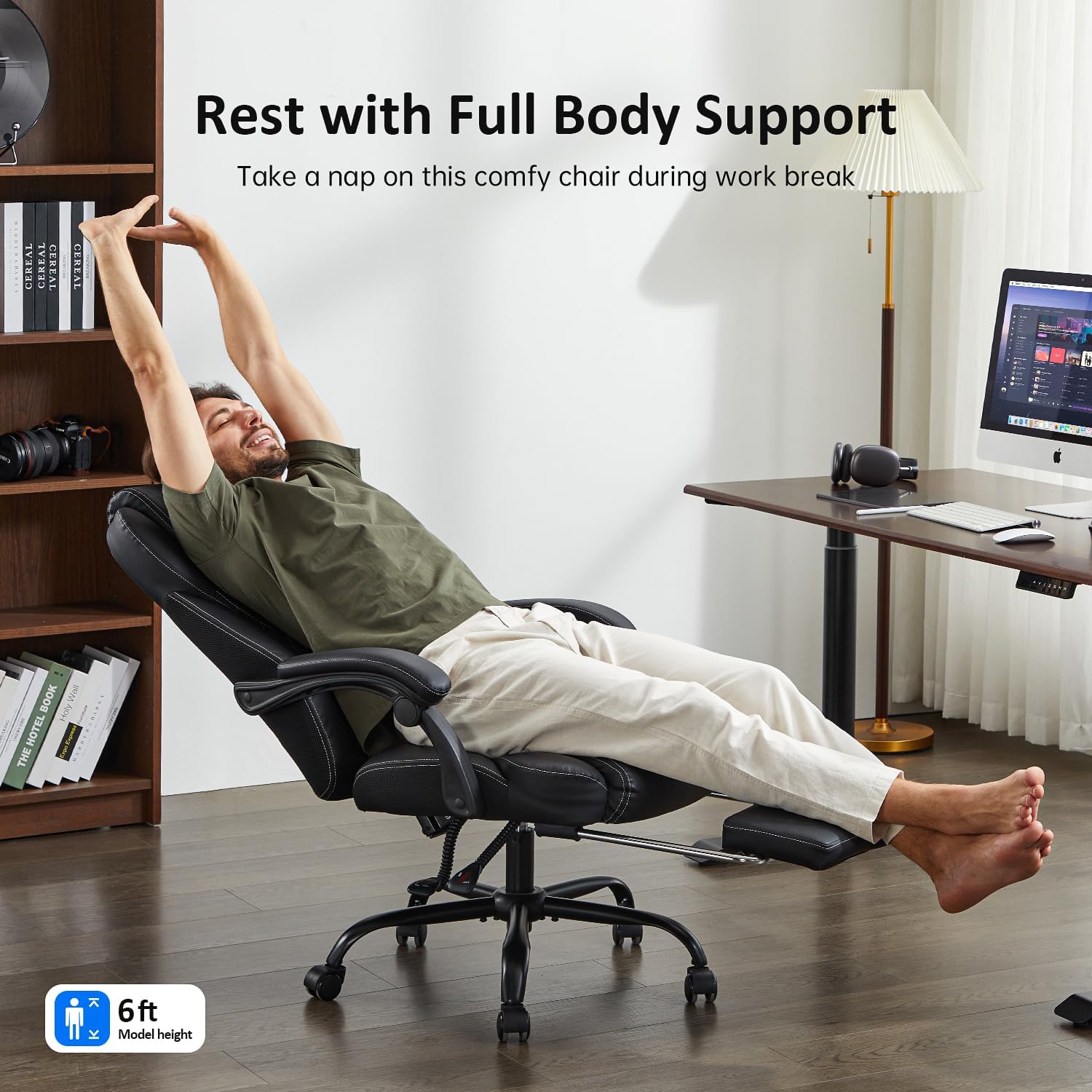 office chair, big and tall office chair with foot rest ergonomic chair for home desk, reclining high back leather chairs with lumbar support(black)