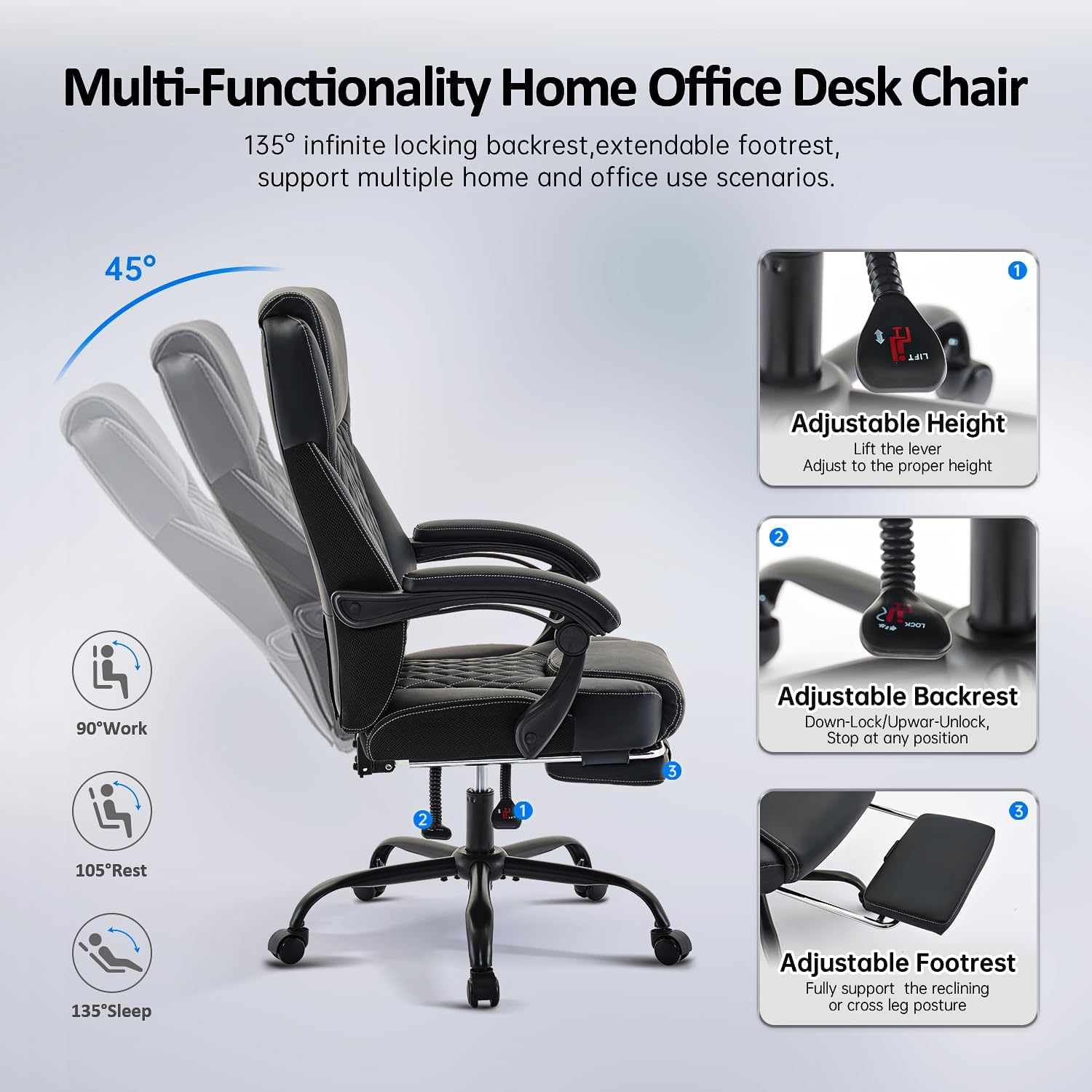 office chair, big and tall office chair with foot rest ergonomic chair for home desk, reclining high back leather chairs with lumbar support(black)