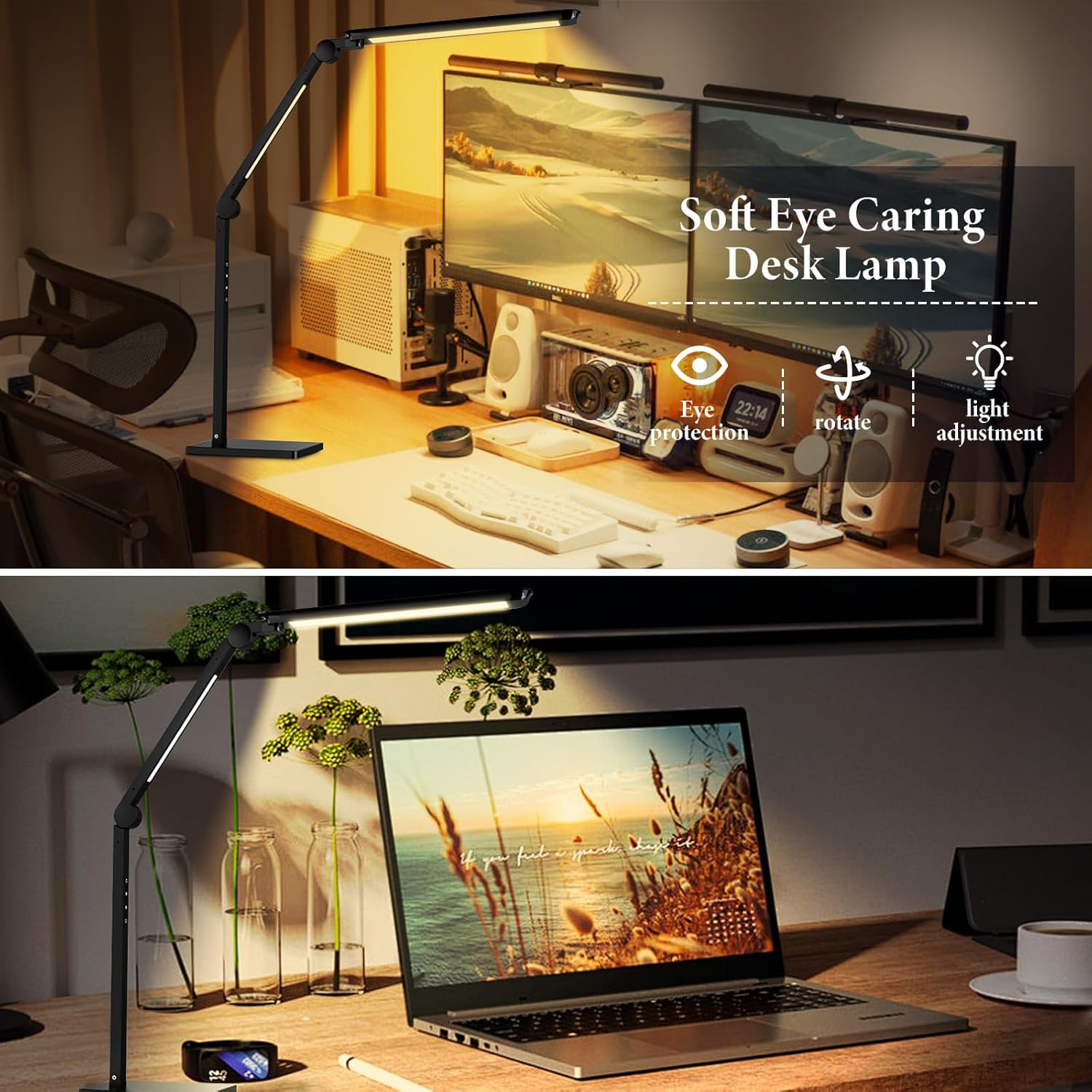 led desk lamp for home office,creative touch reading light, with memory dual light and adjustable swing arm,15w 4 cct eye care modes & 4 brightness levels table lamp with usb charging ports black