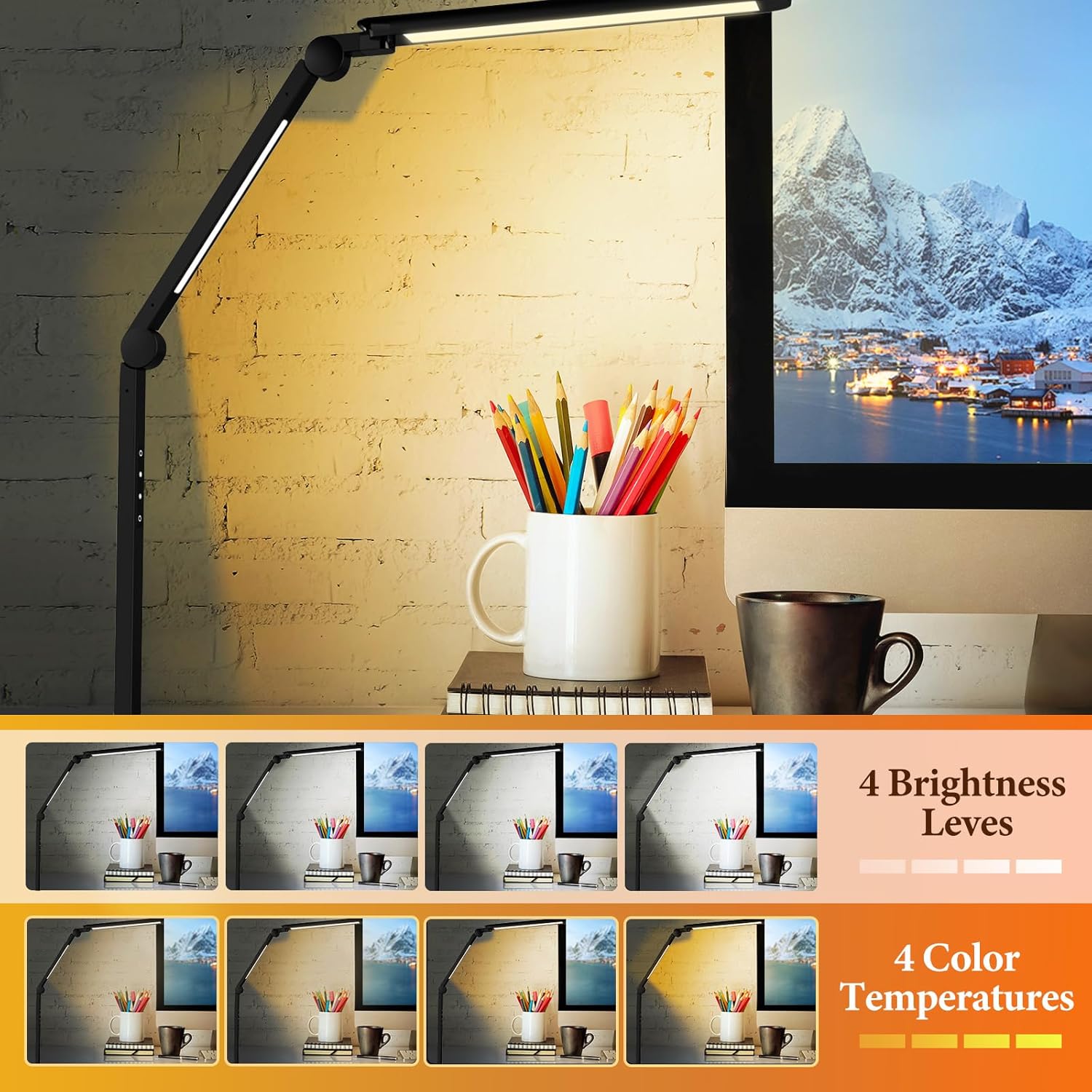 led desk lamp for home office,creative touch reading light, with memory dual light and adjustable swing arm,15w 4 cct eye care modes & 4 brightness levels table lamp with usb charging ports black