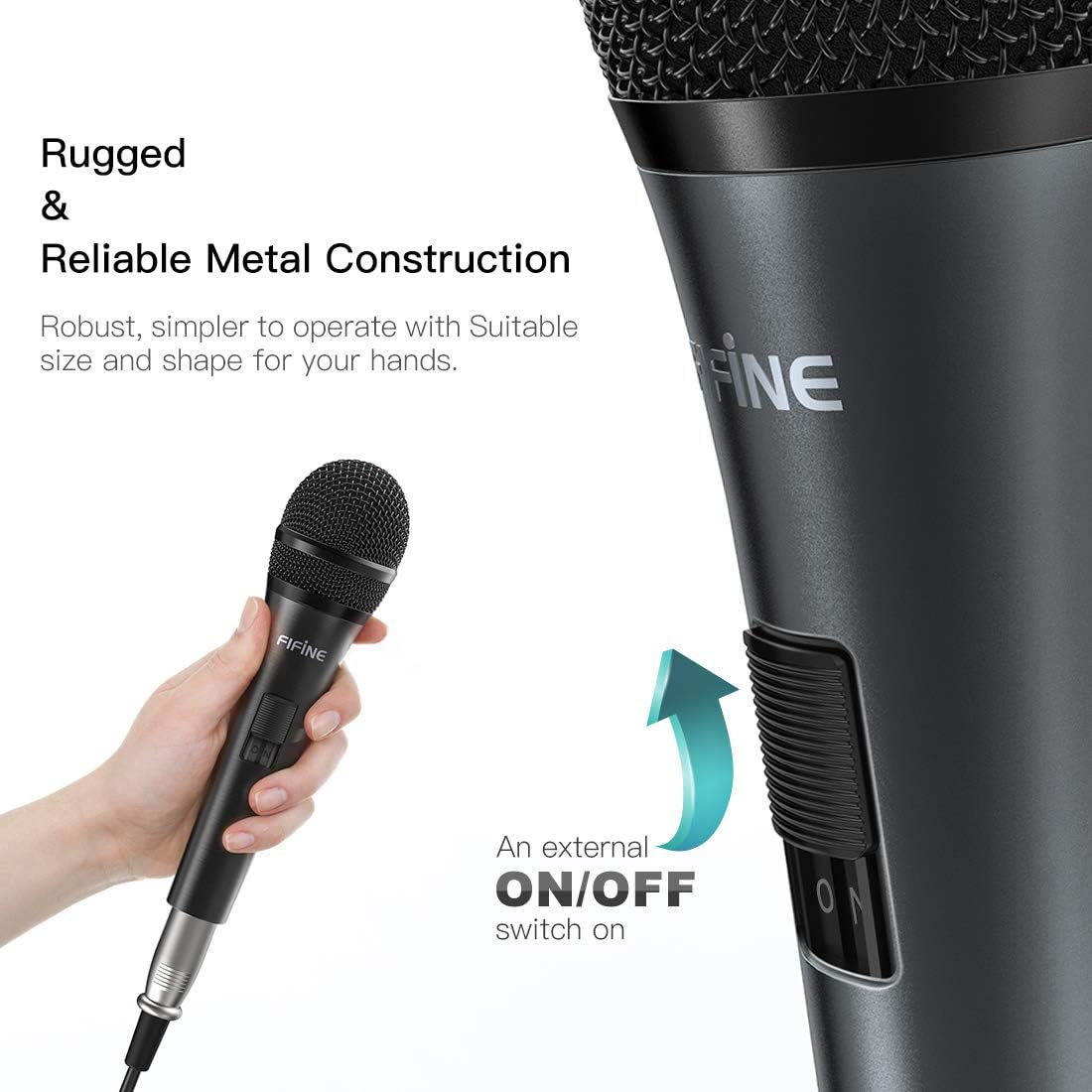 fifine karaoke microphone, dynamic vocal microphone for speaker, 6.35mm wired handheld mic with on and off switch and 14.8ft detachable cable k6