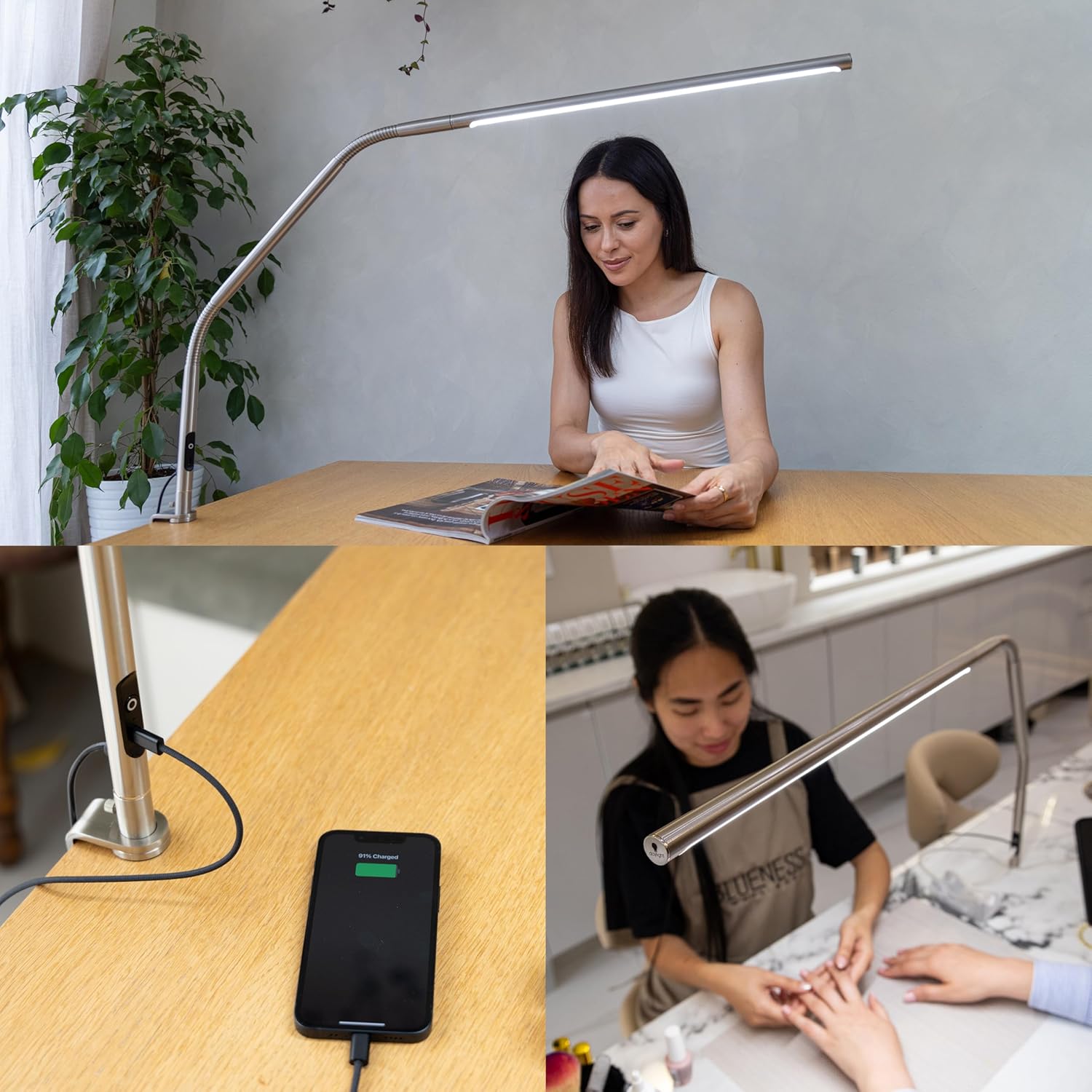 daylight slimline 4 led table lamp in brushed steel 6,000k, 3,200 lux, 4 brightness levels, usb c charging port, anti glare diffuser, flexible design, art & craft, sewing, nail salon