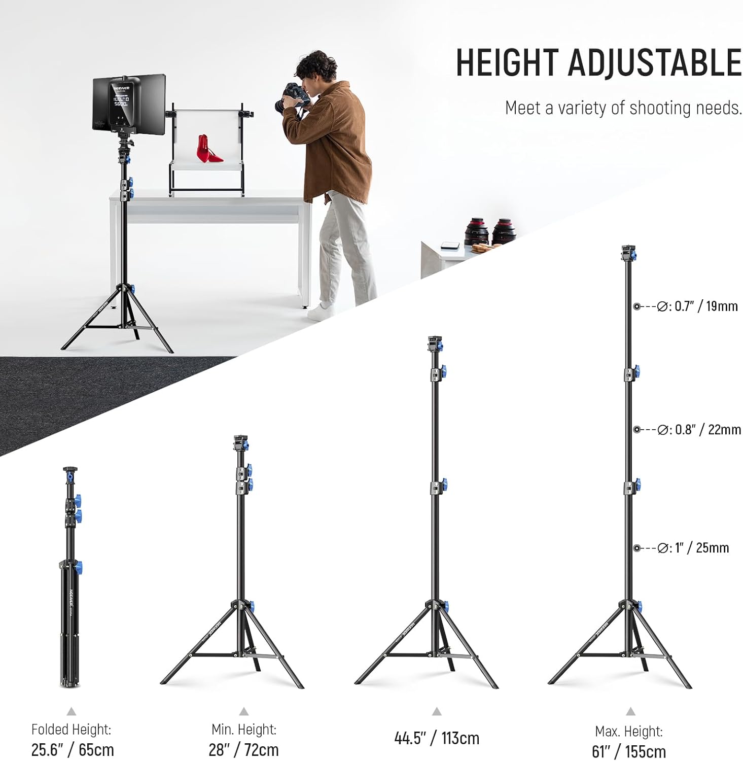 neewer 28" 61"/72 155cm photography light stand with 180° & 360° adjustable head, aluminum portable video tripod stand with 1/4" screw & cold shoe for led video light, ring light, flash, mic, st155a