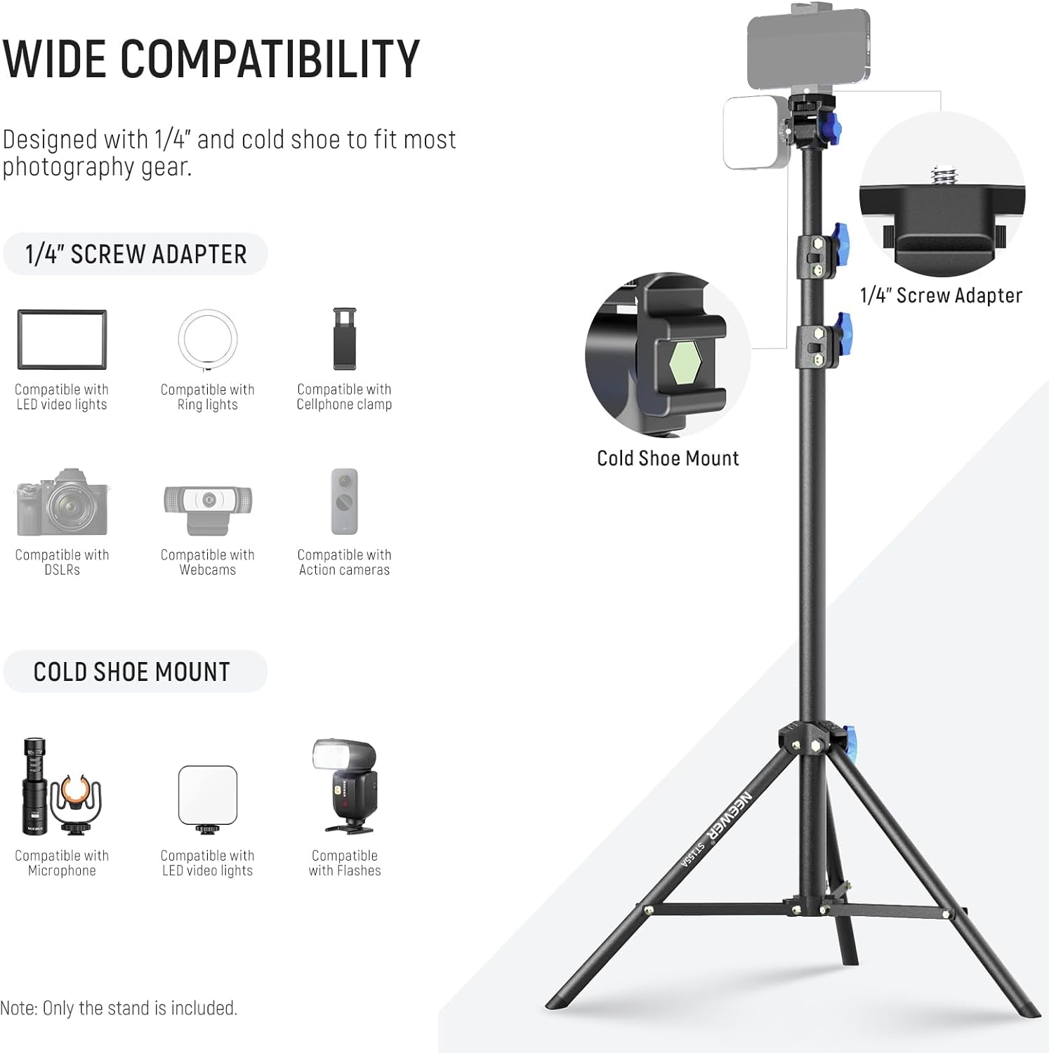 neewer 28" 61"/72 155cm photography light stand with 180° & 360° adjustable head, aluminum portable video tripod stand with 1/4" screw & cold shoe for led video light, ring light, flash, mic, st155a