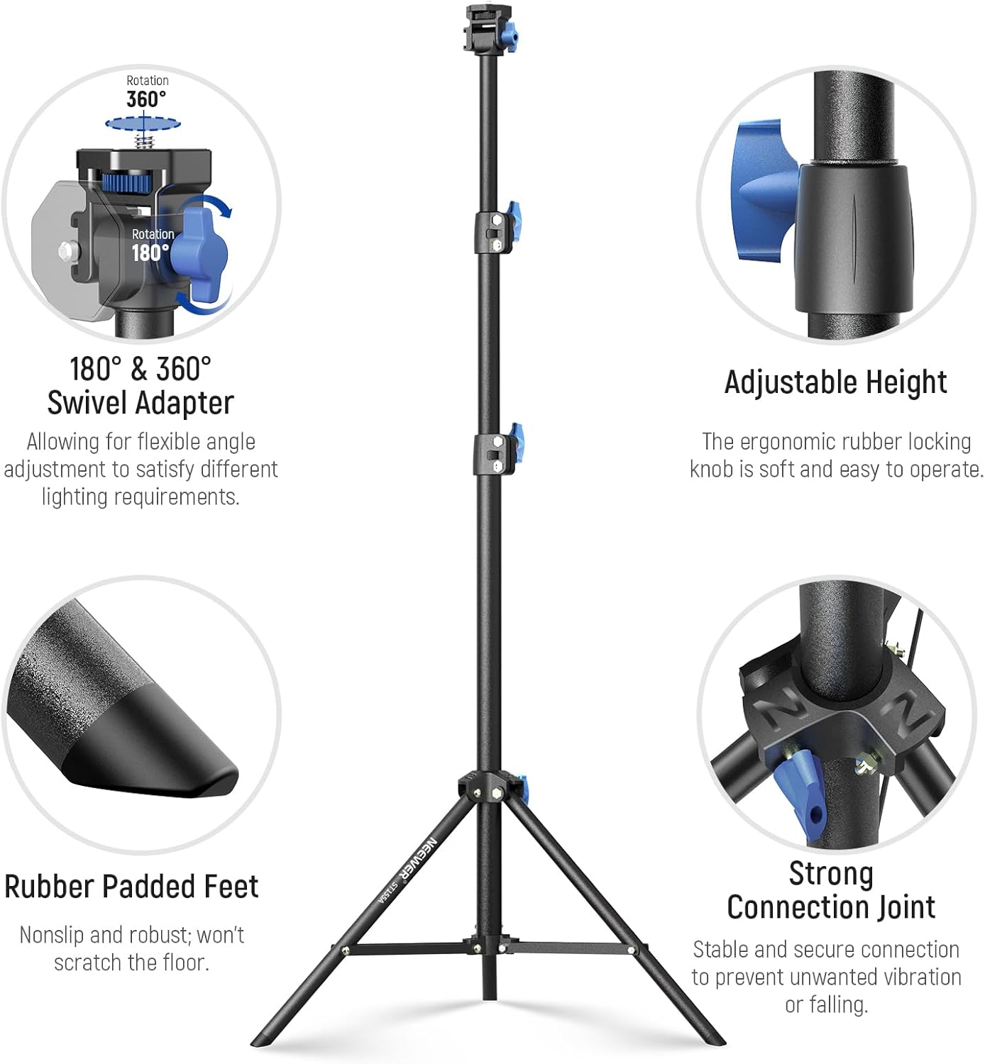 neewer 28" 61"/72 155cm photography light stand with 180° & 360° adjustable head, aluminum portable video tripod stand with 1/4" screw & cold shoe for led video light, ring light, flash, mic, st155a