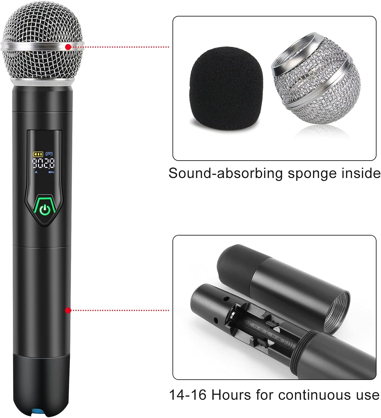 wireless microphone system with case, metal uhf dual handheld 20 channels professional cordless mic system for church, dj, karaoke,wedding, home ktv set