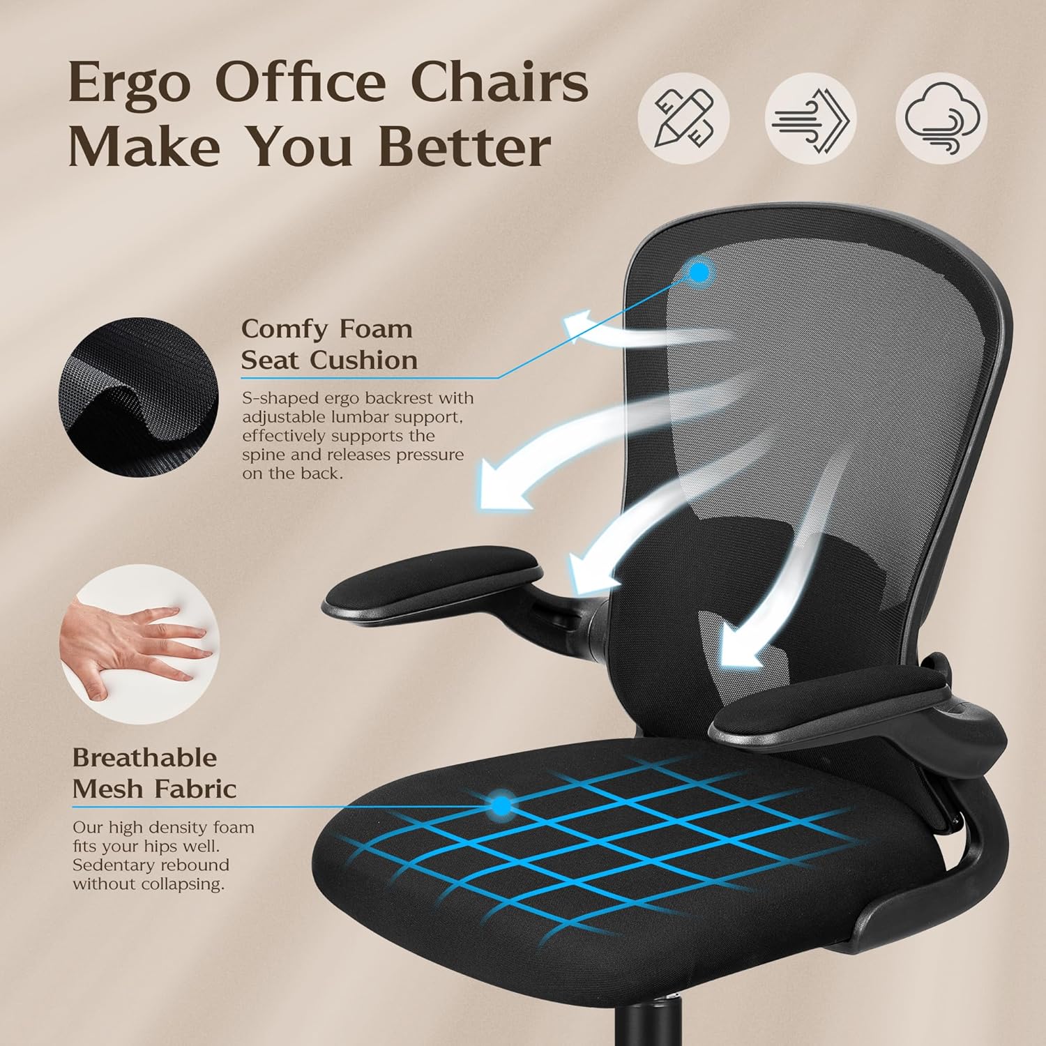 felixking office desk chairs, ergonomic pc desk chair with wheels, adjustable lumbar support and height, swivel computer chair with flip up armrests, ergo mesh backrest for working (black)