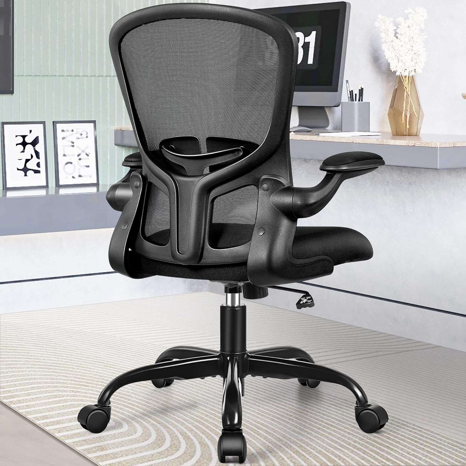 felixking office desk chairs, ergonomic pc desk chair with wheels, adjustable lumbar support and height, swivel computer chair with flip up armrests, ergo mesh backrest for working (black)