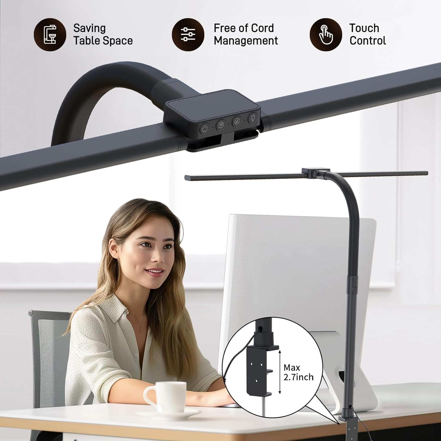 led desk lamp for home office, eye caring desk light with clamp, 15w double head architect task lamp stepless dimming, flexible gooseneck bright table lamp for study reading workbench drafting