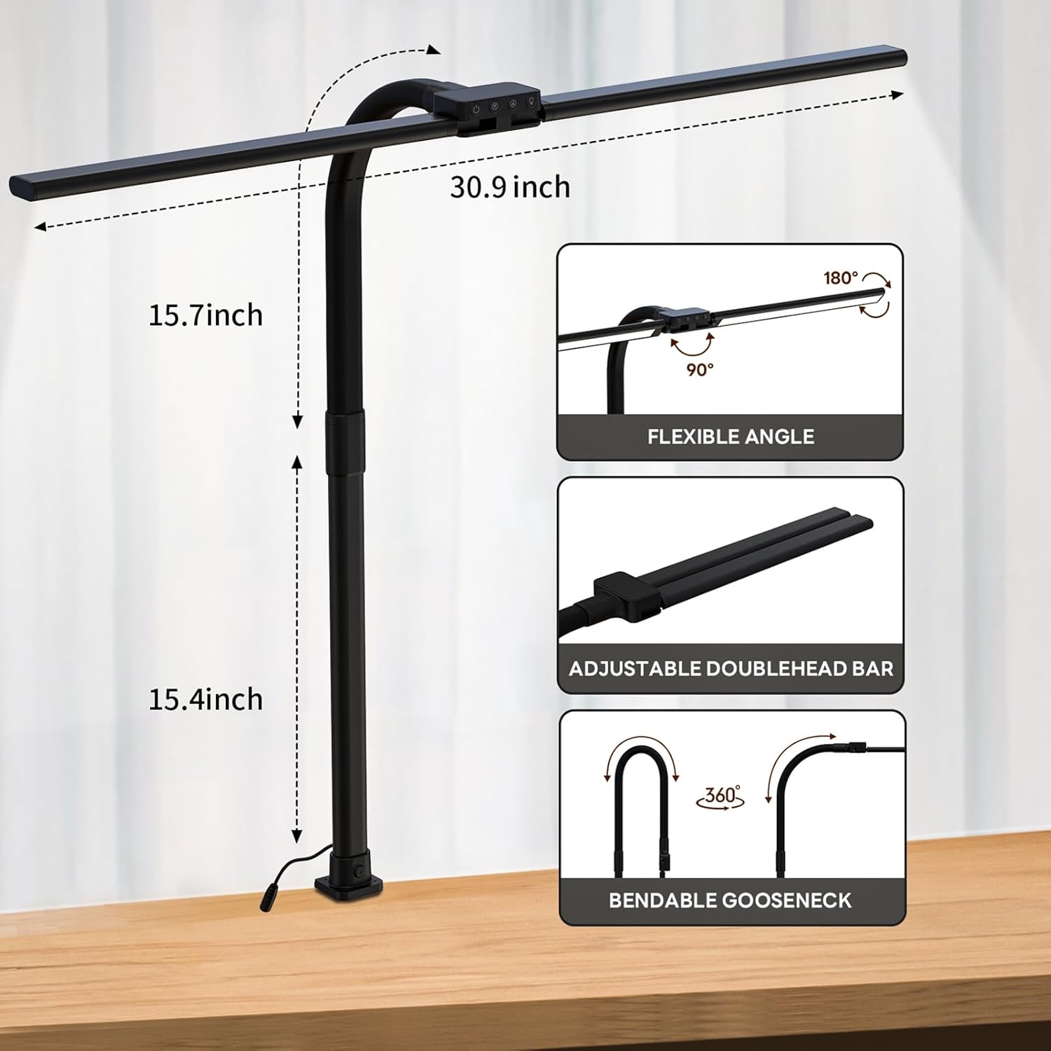 led desk lamp for home office, eye caring desk light with clamp, 15w double head architect task lamp stepless dimming, flexible gooseneck bright table lamp for study reading workbench drafting