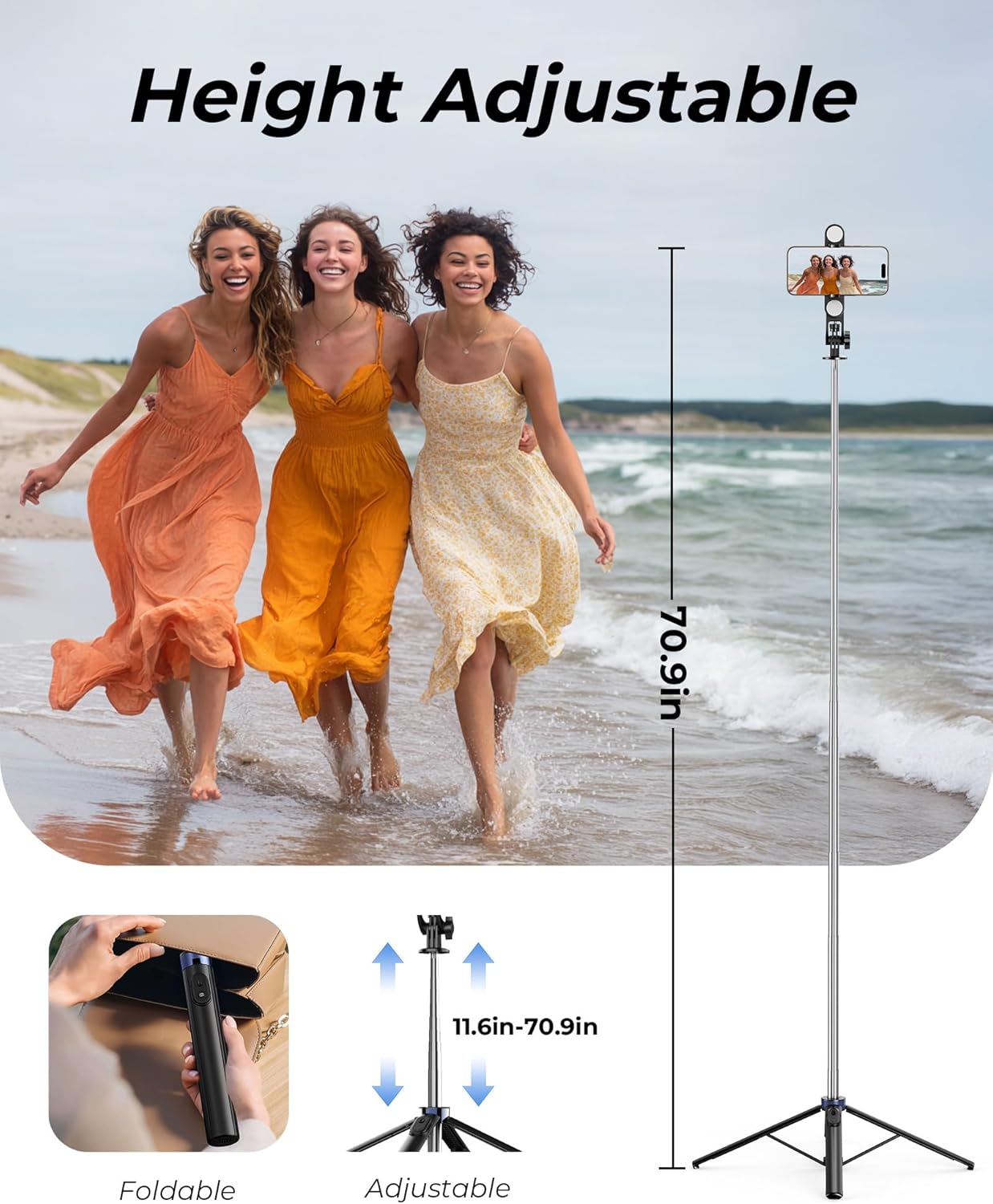 71" phone tripod & selfie stick,more stable 4 leg design, extendable cell phone tripod stand with wireless remote and 2 fill light, compatible with iphone android phone, camera