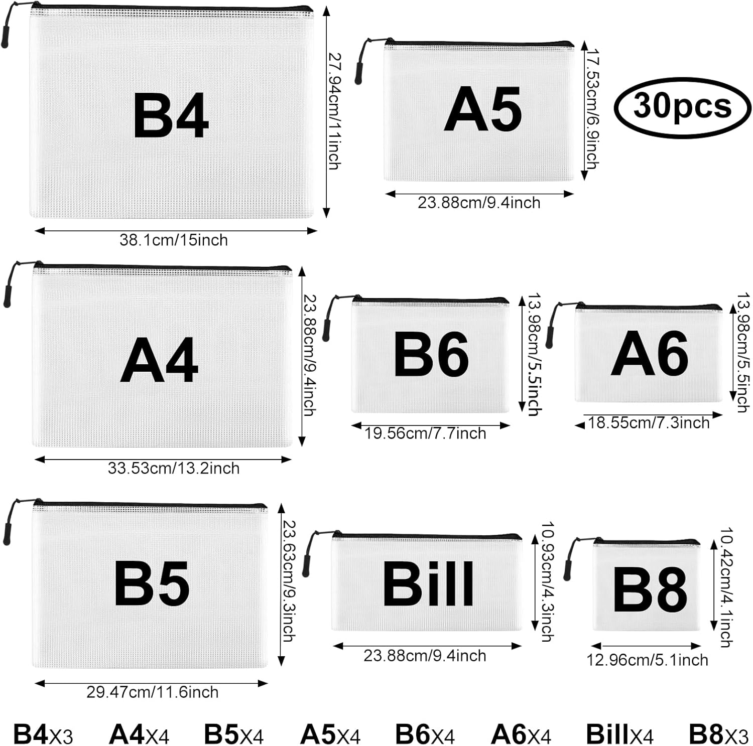 30pcs multisize mesh zipper pouch, yopcdj lego storage organizer, 8 sizes waterproof plastic document pouch, bags for travel storage, game, office supply and home organize