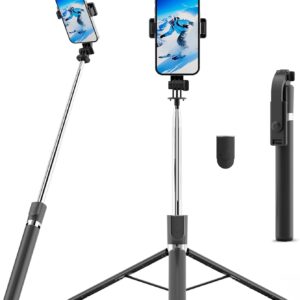 67" Selfie Stick Tripod, Portable Cell Phone Tripod with Wireless Remote Control, 360° Rotating Extendable All-in-1 Travel Stand for Selfies Video Recording Vlog, Compatible with iOS/Android, Black