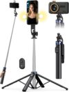 71" Phone Tripod & Selfie Stick,More Stable 4 Leg Design, Extendable Cell Phone Tripod Stand with Wireless Remote and 2 Fill Light, Compatible with iPhone Android Phone, Camera