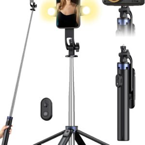 71" Phone Tripod & Selfie Stick,More Stable 4 Leg Design, Extendable Cell Phone Tripod Stand with Wireless Remote and 2 Fill Light, Compatible with iPhone Android Phone, Camera
