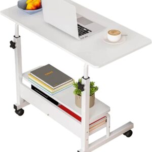 Adjustable Table Student Computer Portable Home Office Furniture Small Spaces Sofa Bedroom Bedside Desk Learn Play Game Desk on Wheels Movable with Storage Table Size 31.5 * 15.7 Inch,White D