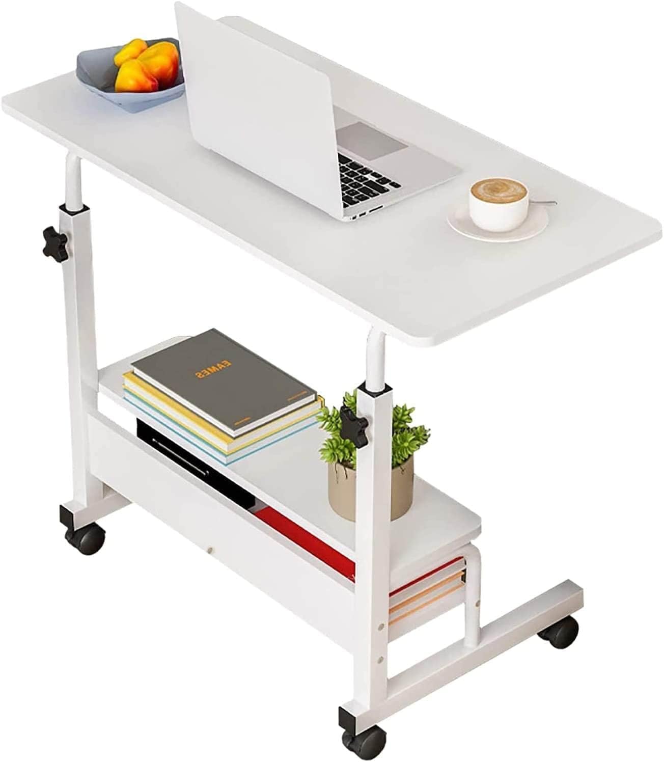 Adjustable Table Student Computer Portable Home Office Furniture Small Spaces Sofa Bedroom Bedside Desk Learn Play Game Desk on Wheels Movable with Storage Table Size 31.5 * 15.7 Inch,White D