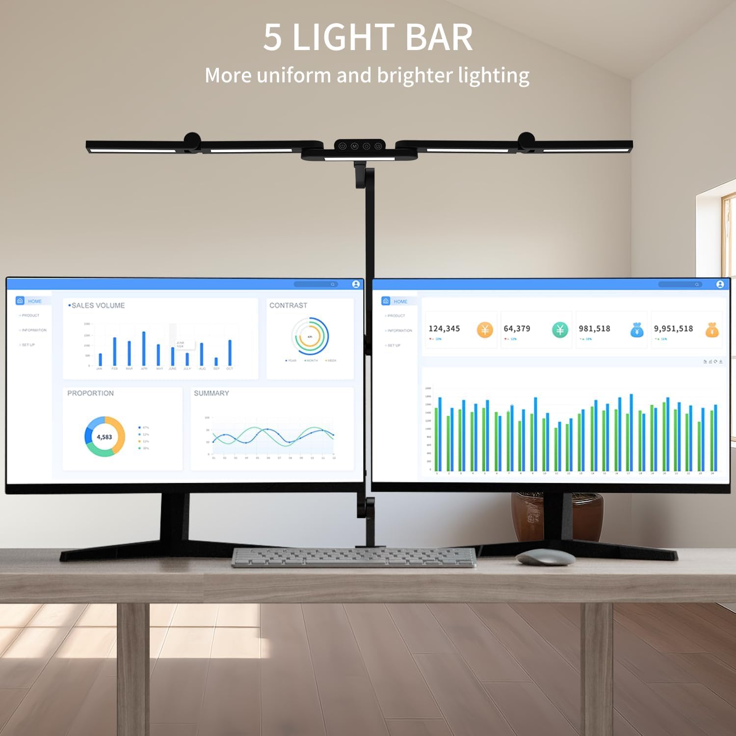 architect desk lamp with 5 light bars for home office, 32.5inch long led desk light with clamp, 24w tall foldable computer lamp with swing arm, bright table light for desktop working drafting
