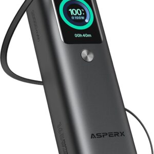 AsperX Laptop Power Bank, 20,000mAh 165W, Retractable Cables, Aluminum Alloy Unibody Portable Charger Power Bank, Battery Bank for MacBook Pro/Air/iPhone 17/iPad Pro/S25 Ultra/Dell/HP(Flight-Approved)