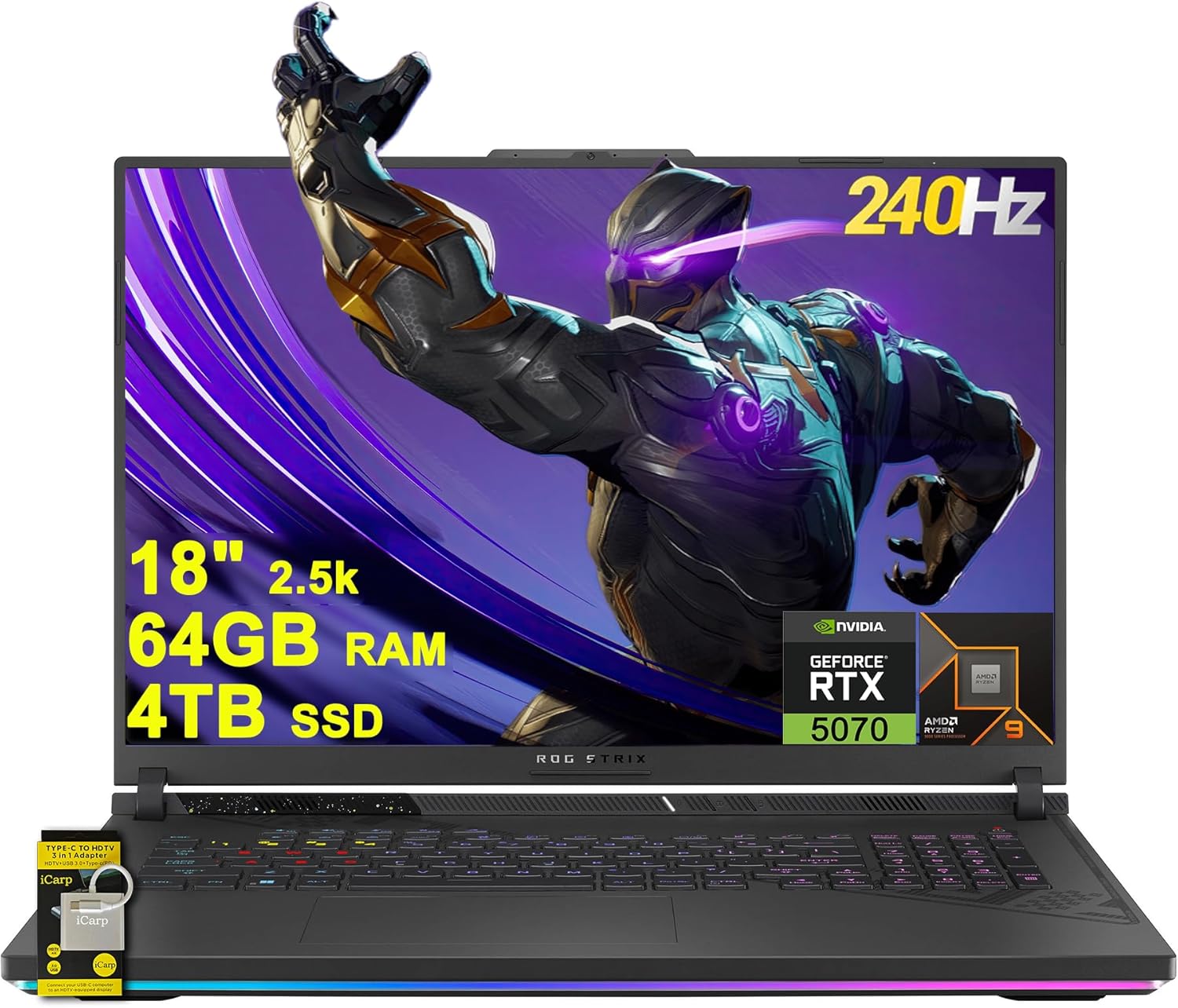 ASUS ROG Strix G18 G814 Gaming Laptop 18" 2.5k (2560x1600) 240Hz (100% DCI-P3, 3ms) AMD 16-core Ryzen 9 9955HX (Beats i9-14900HX) 64GB RAM 4TB SSD GeForce RTX 5070 RGB Backlit WiFi6E Win11 ICP Hub