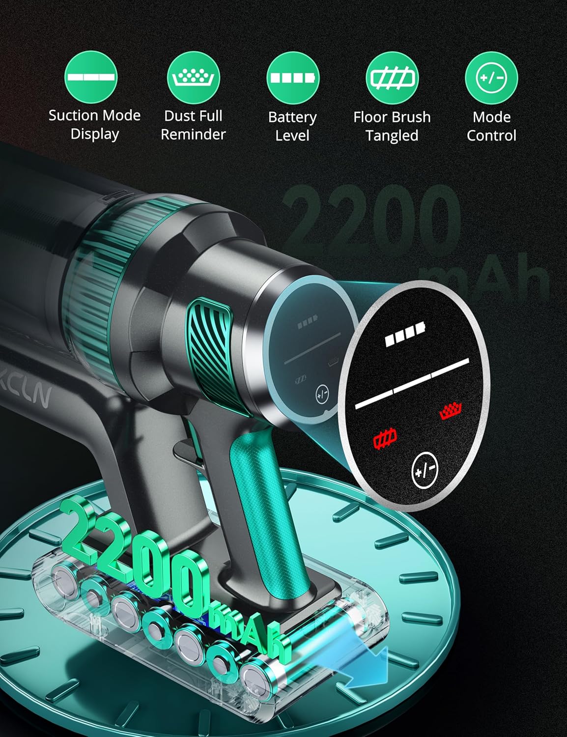 cordless vacuum cleaner 30kpa powerful stick vacuum, led display, three modes, 40 mins runtime rechargeable handheld vacuum for pet hair hardwood carpet green