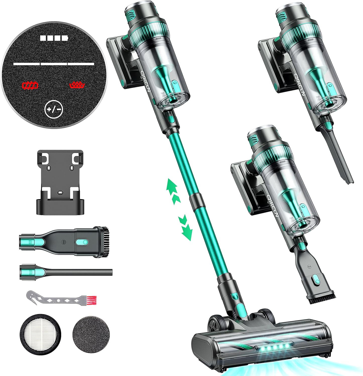 Cordless Vacuum Cleaner - 30KPa Powerful Stick Vacuum, LED Display, Three Modes, 40 Mins Runtime Rechargeable Handheld Vacuum for Pet Hair Hardwood Carpet - Green