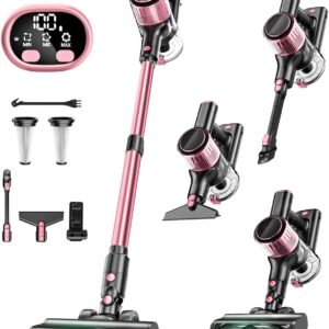Cordless Vacuum Cleaner, 8 in 1 Powerful Suction Lightweight Vacuum Cleaner for Home, LED Display, 3 Suction Modes, 45Mins Detachable Battery Vacuum for Hard Floor Carpet Pet Hair, Pink